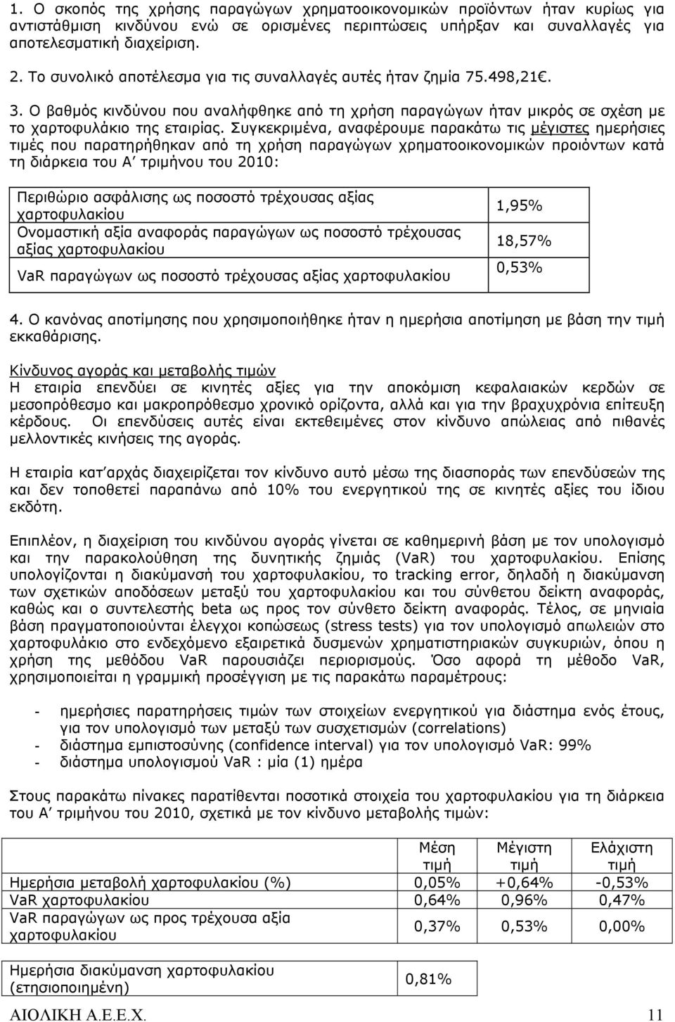 Συγκεκριμένα, αναφέρουμε παρακάτω τις μέγιστες ημερήσιες τιμές που παρατηρήθηκαν από τη χρήση παραγώγων χρηματοοικονομικών προιόντων κατά τη διάρκεια του Α τριμήνου του 2010: Περιθώριο ασφάλισης ως