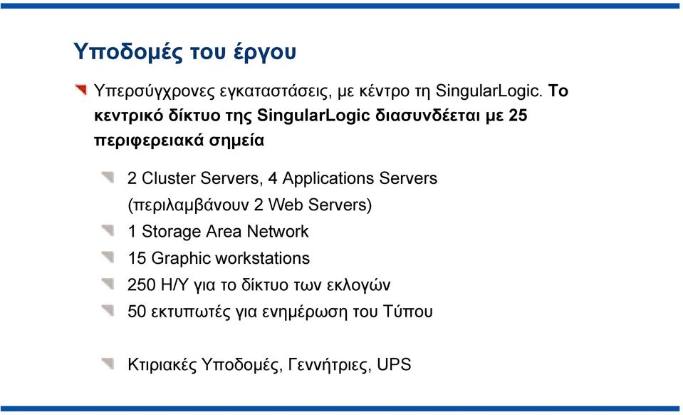 4 Applications Servers (περιλαμβάνουν 2 Web Servers) 1 Storage Area Network 15 Graphic