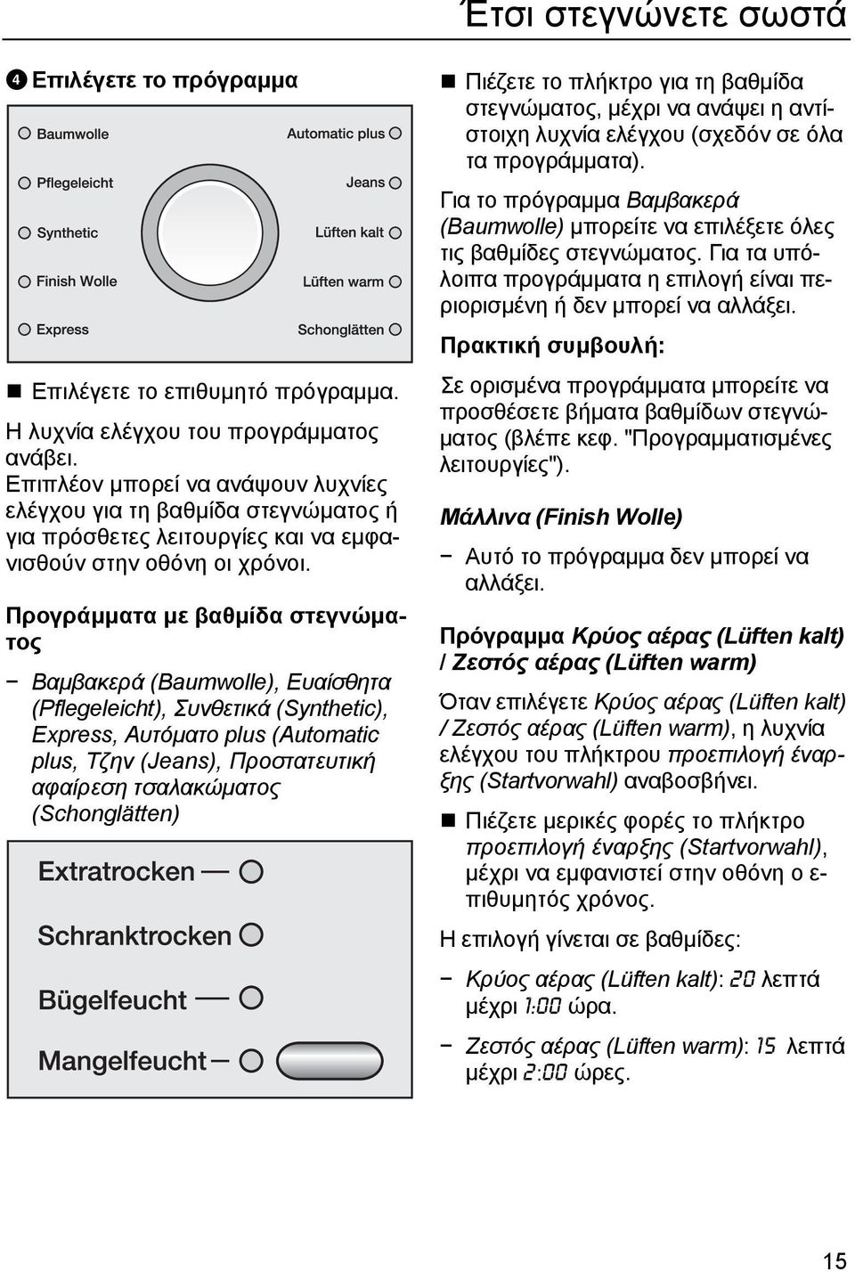 Προγράμματα με βαθμίδα στεγνώματος Βαμβακερά (Baumwolle), Ευαίσθητα (Pflegeleicht), Συνθετικά (Synthetic), Express, Αυτόματο plus (Automatic plus, Τζην (Jeans), Προστατευτική αφαίρεση τσαλακώματος