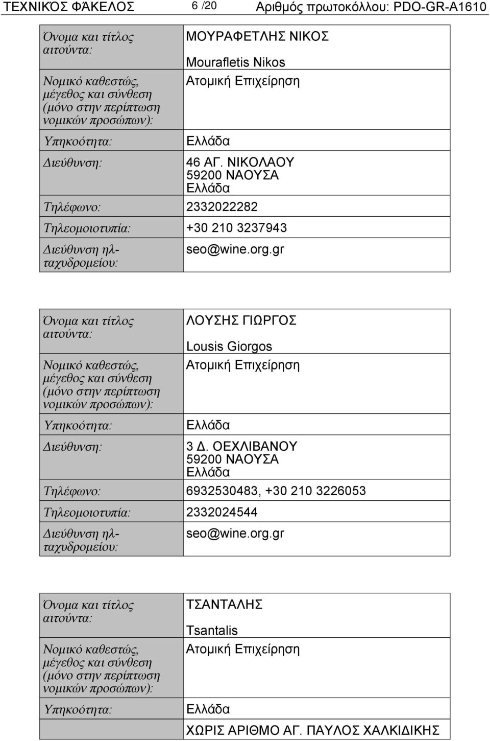 ΝΙΚΟΛΑΟΥ Τηλέφωνο: 2332022282 Τηλεομοιοτυπία: +30 210 3237943 ΛΟΥΣΗΣ ΓΙΩΡΓΟΣ