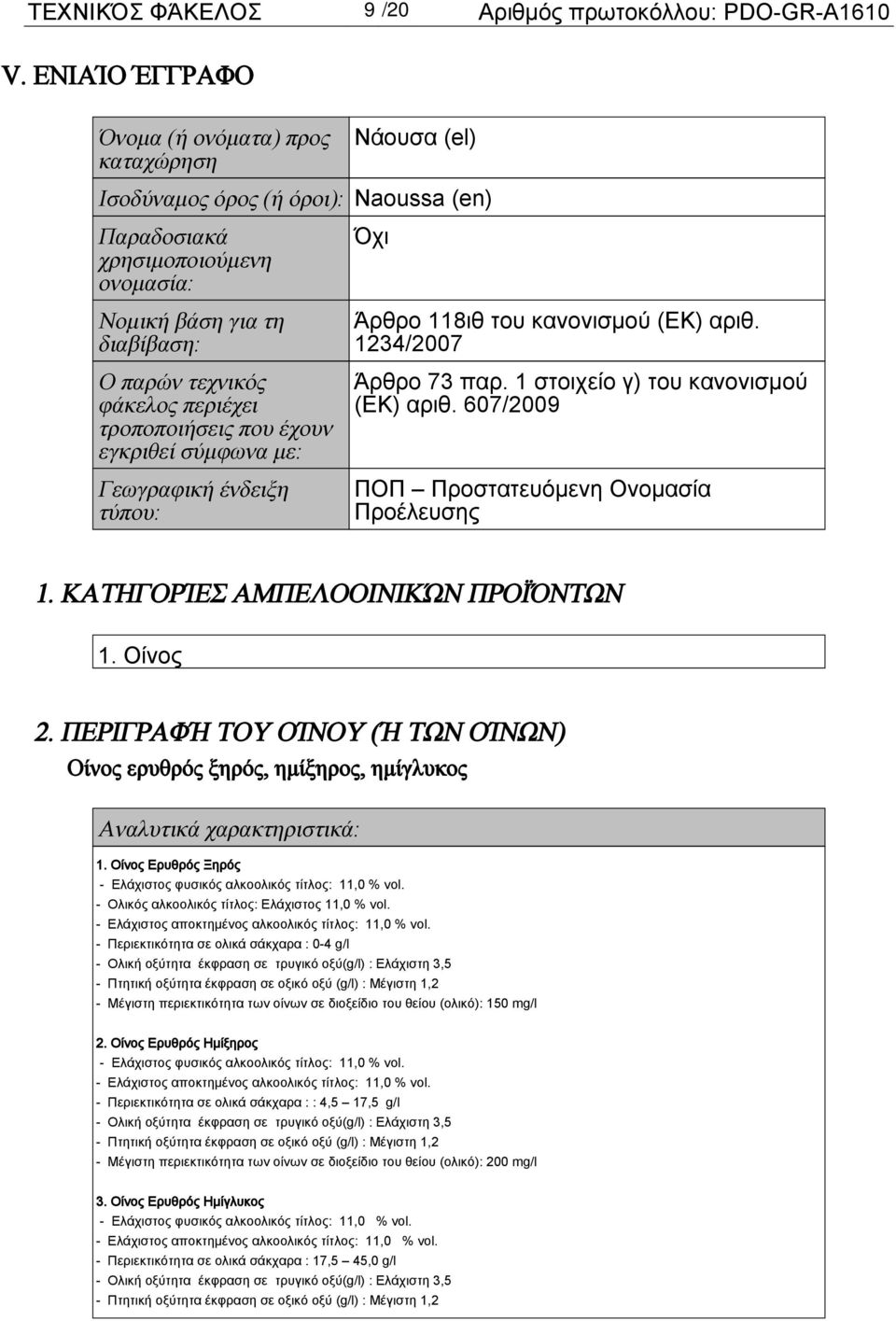 περιέχει τροποποιήσεις που έχουν εγκριθεί σύμφωνα με: Γεωγραφική ένδειξη τύπου: Όχι Άρθρο 118ιθ του κανονισμού (ΕΚ) αριθ. 1234/2007 Άρθρο 73 παρ. 1 στοιχείο γ) του κανονισμού (ΕΚ) αριθ.