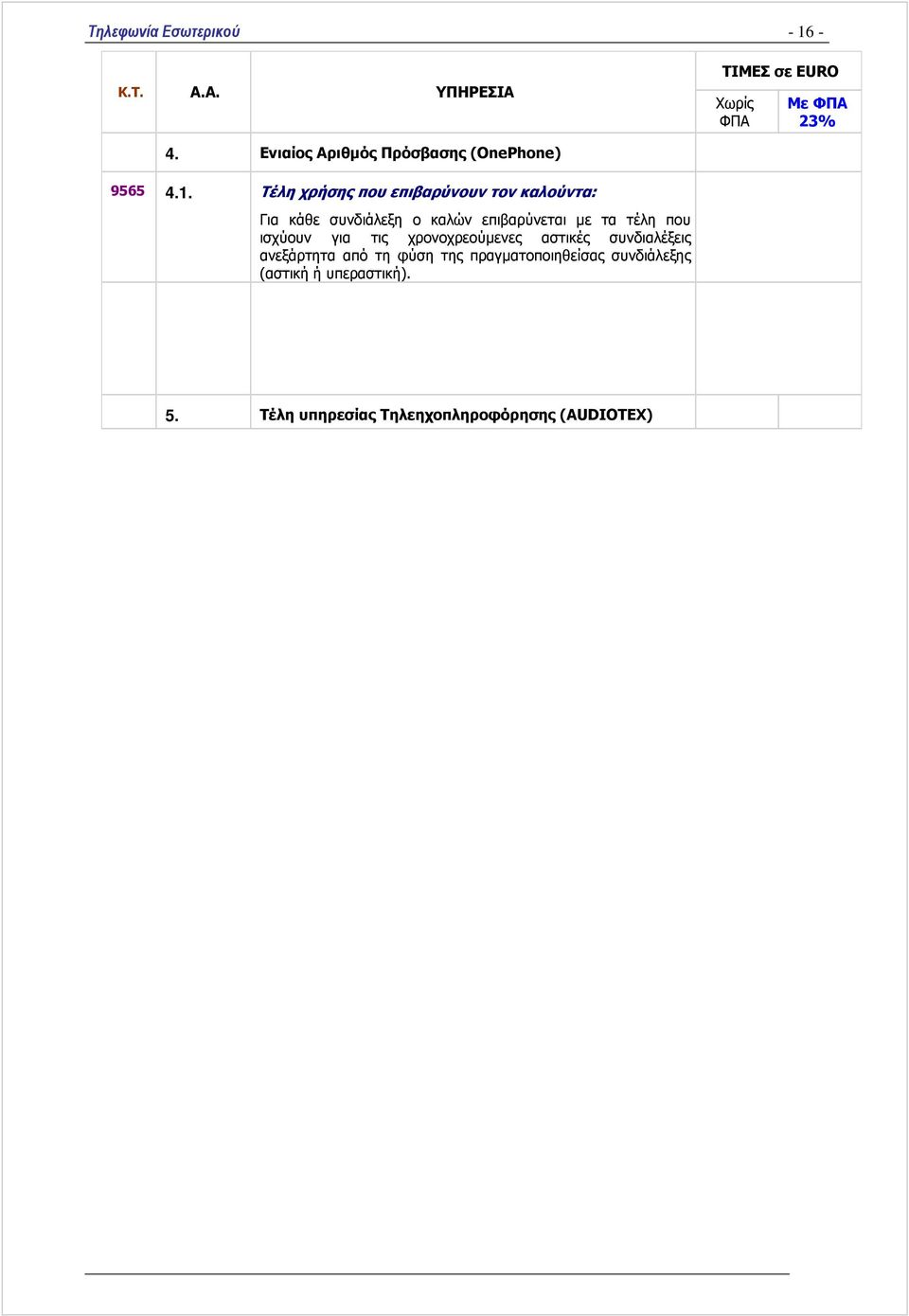 Τέλη χρήσης που επιβαρύνουν τον καλούντα: Για κάθε συνδιάλεξη ο καλών επιβαρύνεται µε τα