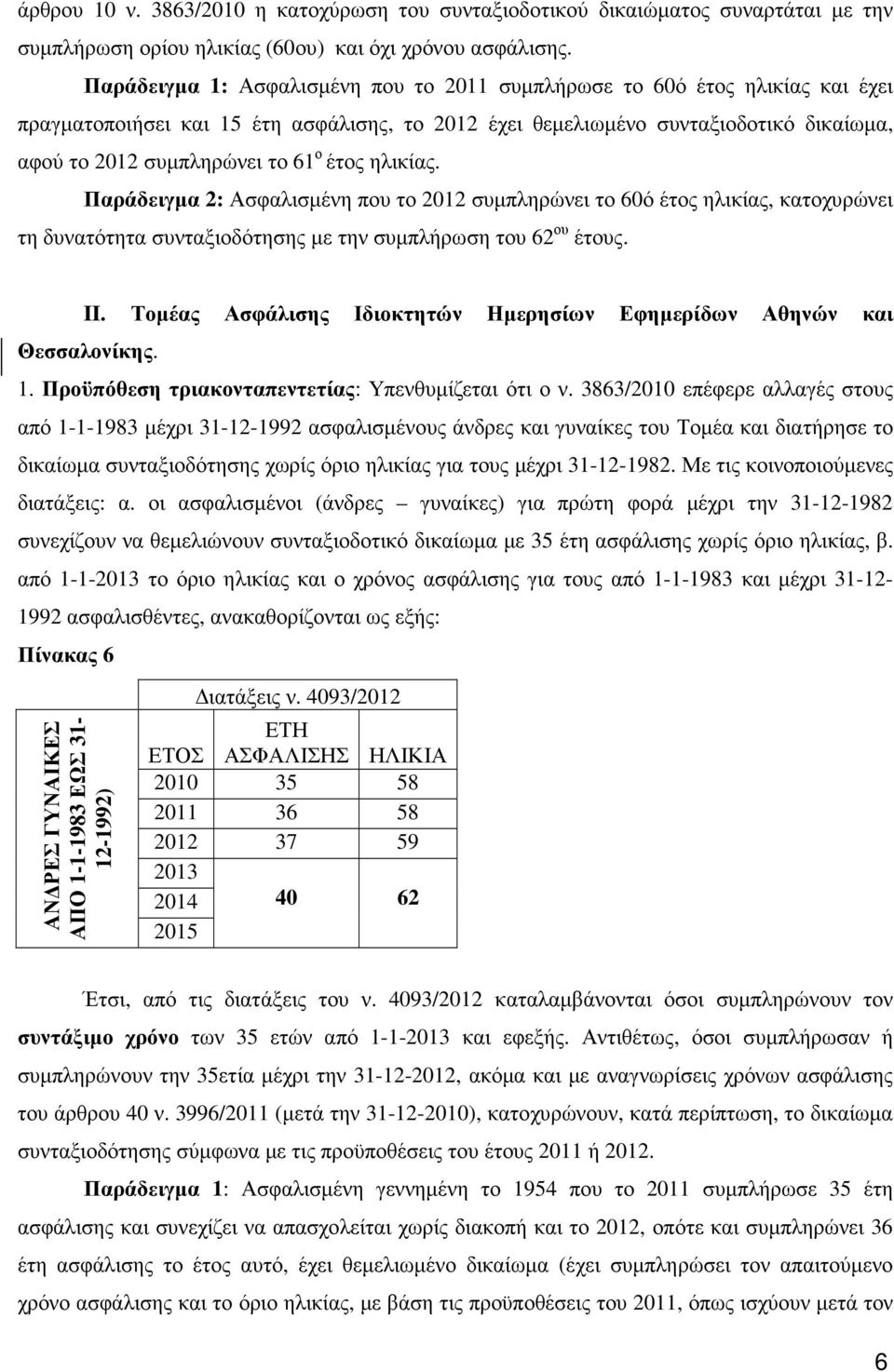 έτος ηλικίας. Παράδειγµα 2: Ασφαλισµένη που το 2012 συµπληρώνει το 60ό έτος ηλικίας, κατοχυρώνει τη δυνατότητα συνταξιοδότησης µε την συµπλήρωση του 62 ου έτους. II.