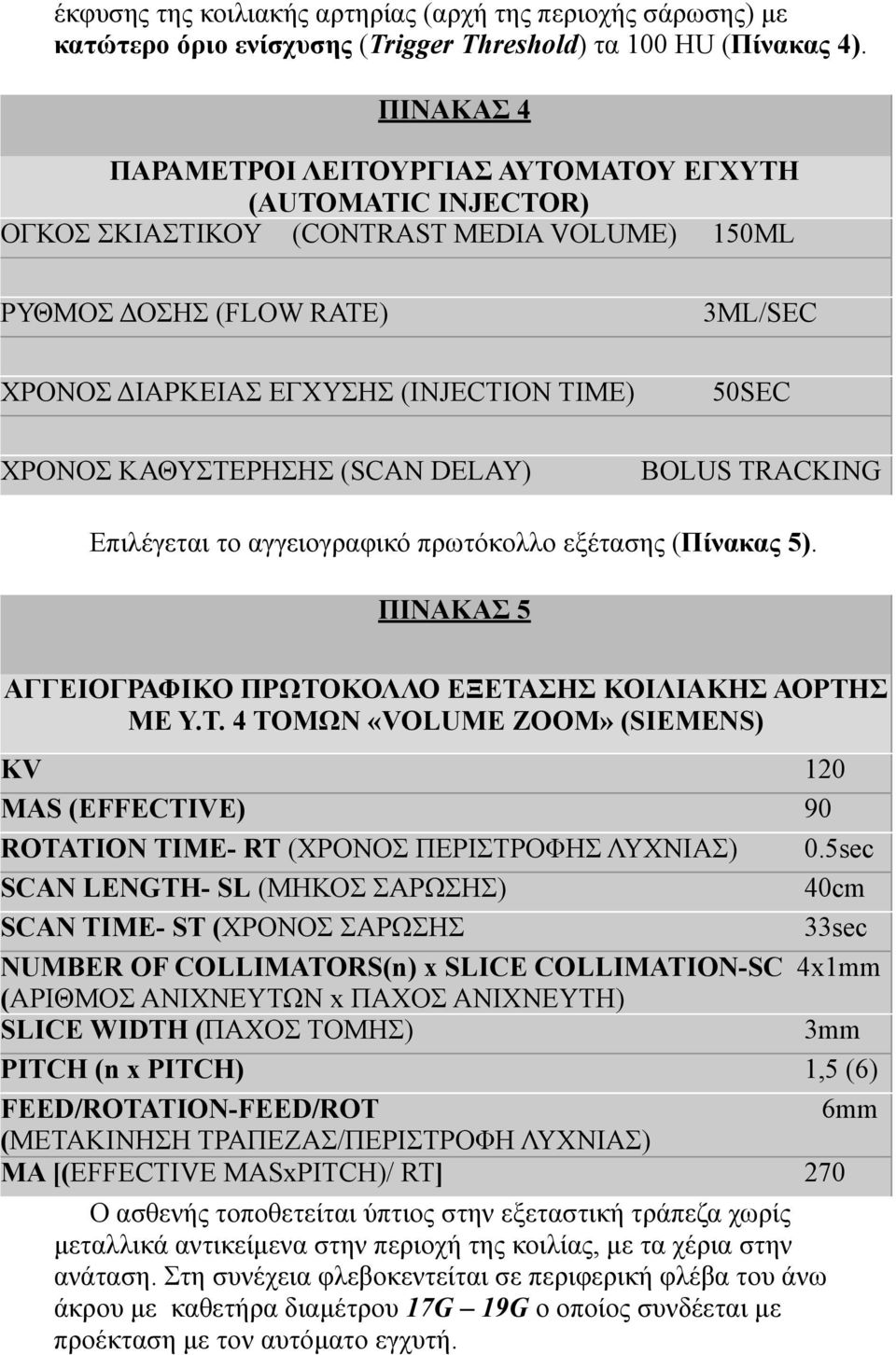 ΚΑΘΥΣΤΕΡΗΣΗΣ (SCAN DELAY) 3ML/SEC 50SEC BOLUS TRACKING Επιλέγεται το αγγειογραφικό πρωτόκολλο εξέτασης (Πίνακας 5). ΠΙΝΑΚΑΣ 5 ΑΓΓΕΙΟΓΡΑΦΙΚΟ ΠΡΩΤΟΚΟΛΛΟ ΕΞΕΤΑΣΗΣ ΚΟΙΛΙΑΚΗΣ ΑΟΡΤΗΣ ΜΕ Υ.Τ. 4 ΤΟΜΩΝ «VOLUME ZOOM» (SIEMENS) KV 120 MAS (EFFECTIVE) 90 ROTATION TIME- RT (ΧΡΟΝΟΣ ΠΕΡΙΣΤΡΟΦΗΣ ΛΥΧΝΙΑΣ) 0.