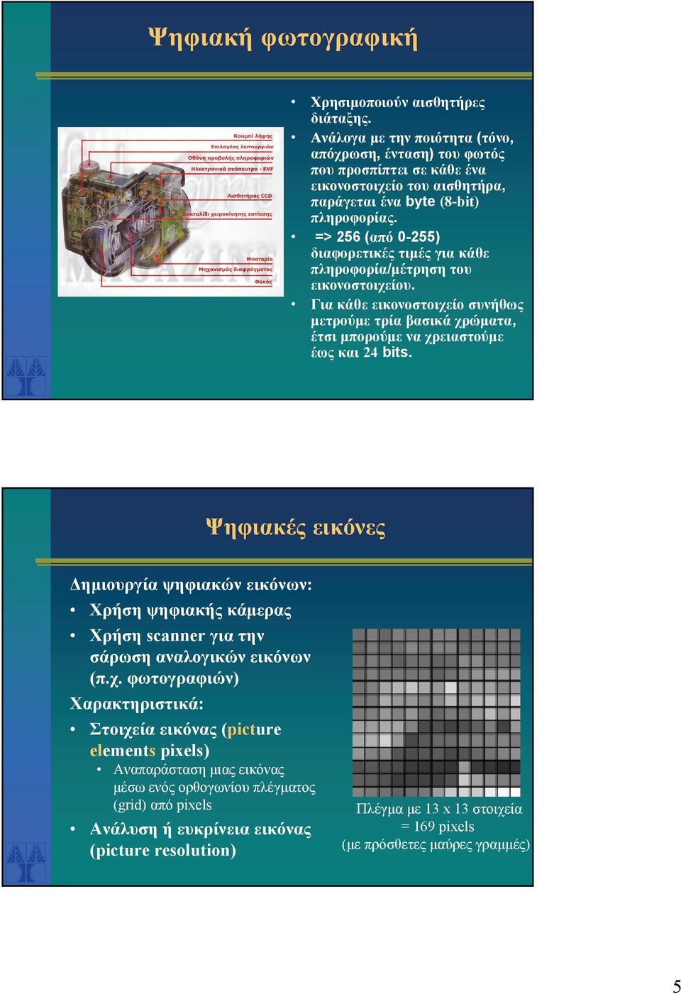=> 256 (από 0-255) διαφορετικές τιμές για κάθε πληροφορία/μέτρηση του εικονοστοιχείου. Για κάθε εικονοστοιχείο συνήθως μετρούμε τρία βασικά χρώματα, έτσι μπορούμε να χρειαστούμε έως και 24 bits.