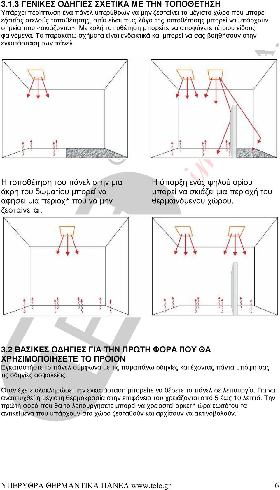 Τα παρακάτω σχήµατα είναι ενδεικτικά και µπορεί να σας βοηθήσουν στην εγκατάσταση των πάνελ. Η τοποθέτηση του πάνελ στην µια άκρη του δωµατίου µπορεί να αφήσει µια περιοχή που να µην ζεσταίνεται.
