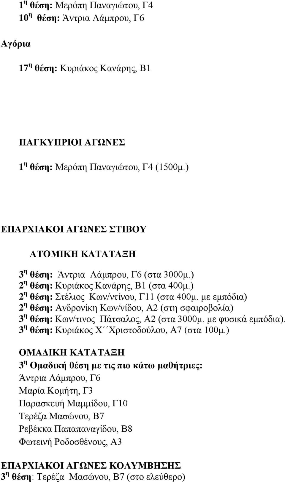 με εμπόδια) 2 η θέση: Ανδρονίκη Κων/νίδου, Α2 (στη σφαιροβολία) 3 η θέση: Κων/τινος Πάτσαλος, Α2 (στα 3000μ. με φυσικά εμπόδια). 3 η θέση: Κυριάκος Χ Χριστοδούλου, Α7 (στα 100μ.