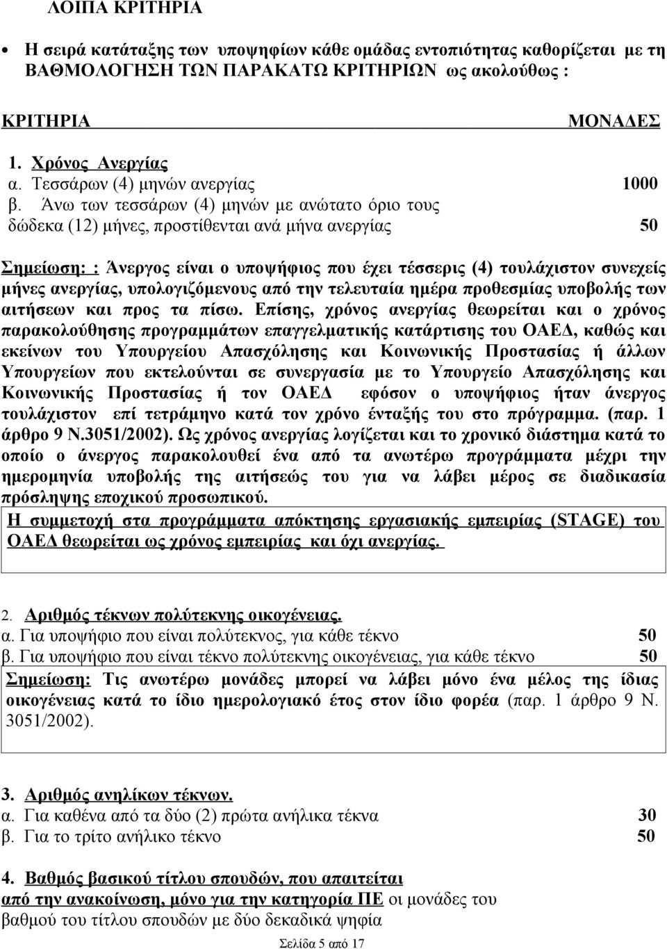 Άνω των τεσσάρων (4) μηνών με ανώτατο όριο τους δώδεκα (12) μήνες, προστίθενται ανά μήνα ανεργίας ΜΟΝΑΔΕΣ 1000 50 Σημείωση: : Άνεργος είναι ο υποψήφιος που έχει τέσσερις (4) τουλάχιστον συνεχείς