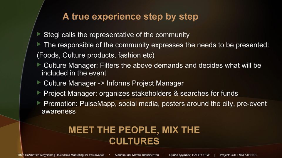 Culture Manager -> Informs Project Manager Project Manager: organizes stakeholders & searches for funds Promotion: PulseMapp, social media,