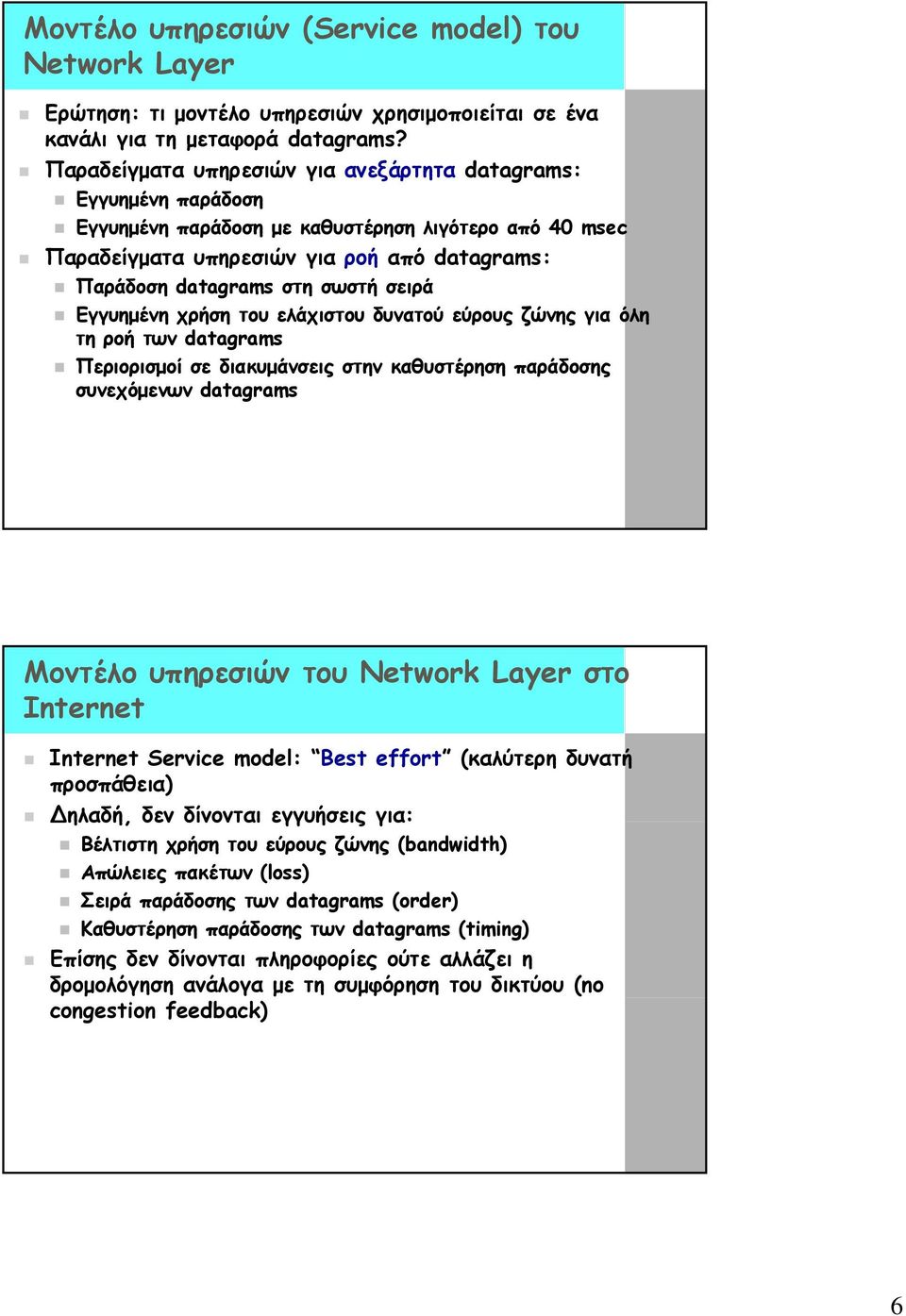 σειρά Εγγυημένη χρήση του ελάχιστου δυνατού εύρους ζώνης για όλη τη ροή των datagrams Περιορισμοί σε διακυμάνσεις στην καθυστέρηση παράδοσης συνεχόμενων datagrams Μοντέλο υπηρεσιών του Network Layer