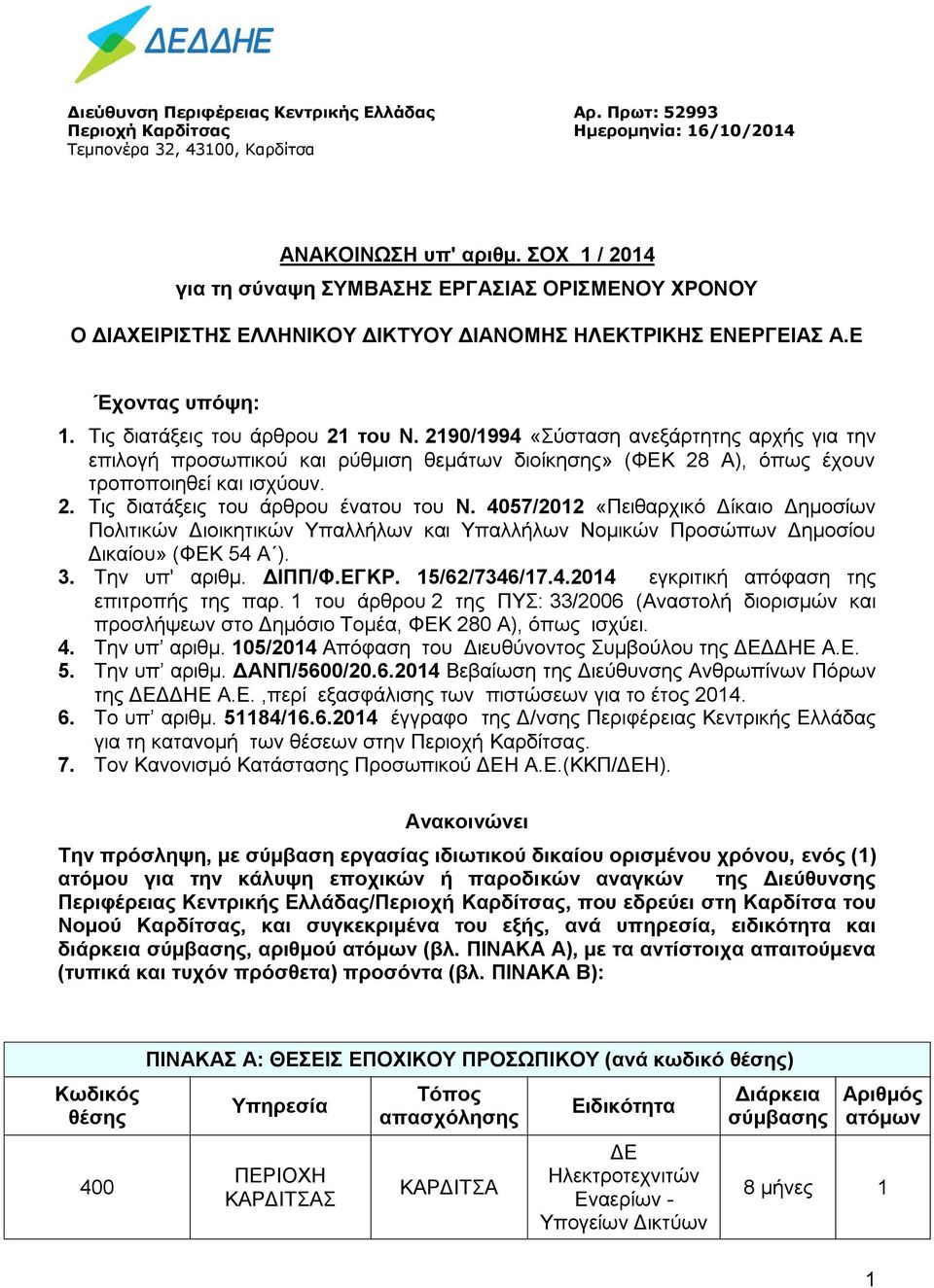 2190/1994 «Σύσταση ανεξάρτητης αρχής για την επιλογή προσωπικού και ρύθμιση θεμάτων διοίκησης» (ΦΕΚ 28 Α), όπως έχουν τροποποιηθεί και ισχύουν. 2. Τις διατάξεις του άρθρου ένατου του Ν.