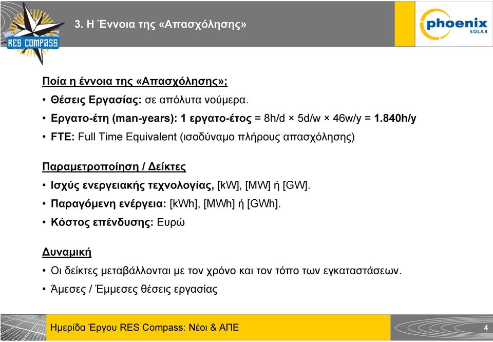 840h/y FTE: Full Time Equivalent (ισοδύναμο πλήρους απασχόλησης) Παραμετροποίηση / Δείκτες Ισχύς ενεργειακής