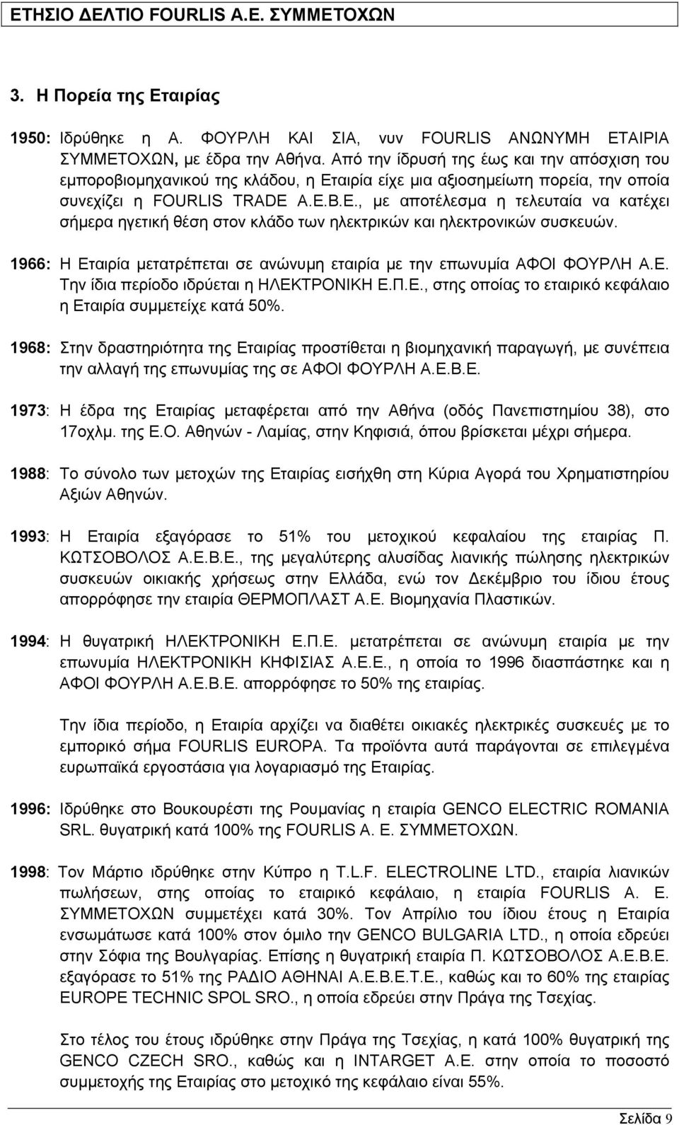 A.E.B.E., µε αποτέλεσµα η τελευταία να κατέχει σήµερα ηγετική θέση στον κλάδο των ηλεκτρικών και ηλεκτρονικών συσκευών. 1966: Η Εταιρία µετατρέπεται σε ανώνυµη εταιρία µε την επωνυµία ΑΦΟΙ ΦΟΥΡΛΗ Α.Ε. Την ίδια περίοδο ιδρύεται η ΗΛΕΚΤΡΟΝΙΚΗ Ε.