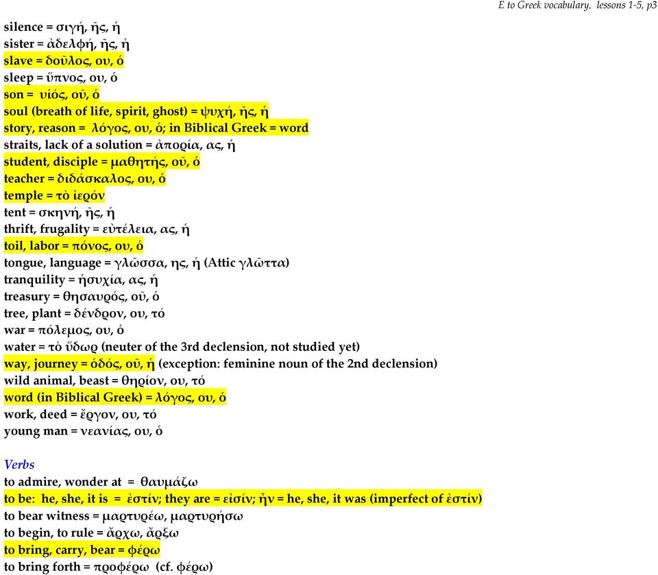 thrift, frugality = εὐτέλεια, ας, ἡ toil, labor = πόνος, ου, ὁ tongue, language = γλῶσσα, ης, ἡ (Attic γλῶττα) tranquility = ἡσυχία, ας, ἡ treasury = θησαυρός, οῦ, ὁ tree, plant = δένδρον, ου, τό war