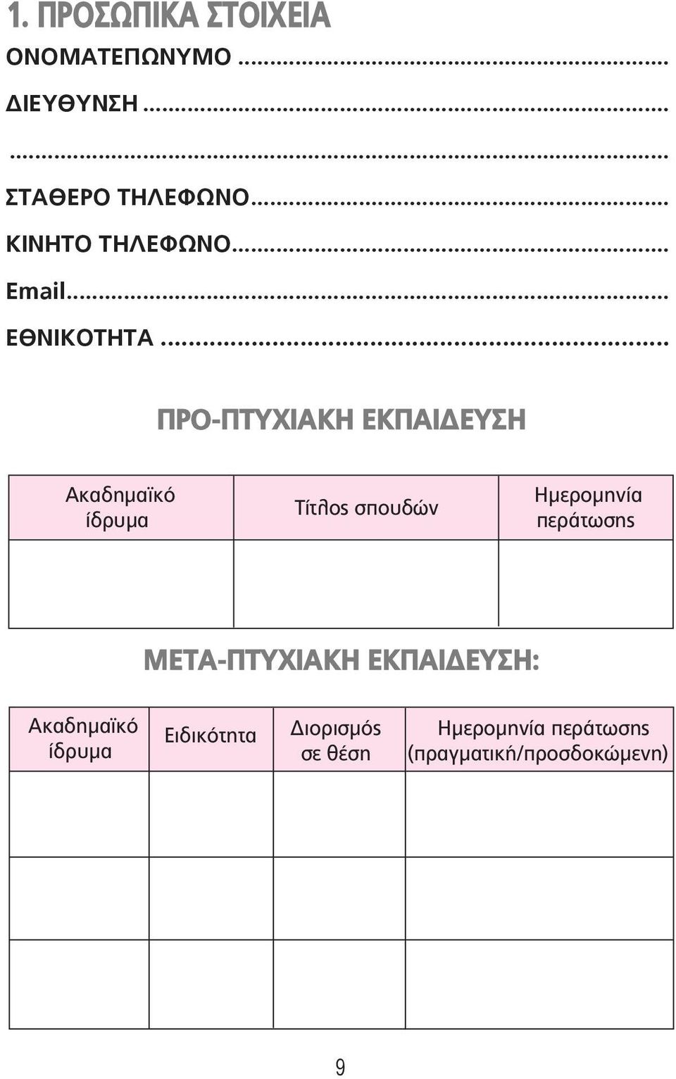 .. ΠΡΟ-ΠΤΥΧΙΑΚΗ ΕΚΠΑΙΔΕΥΣΗ Ακαδηµαϊκό ίδρυµα Τίτλος σπουδών Ηµεροµηνία