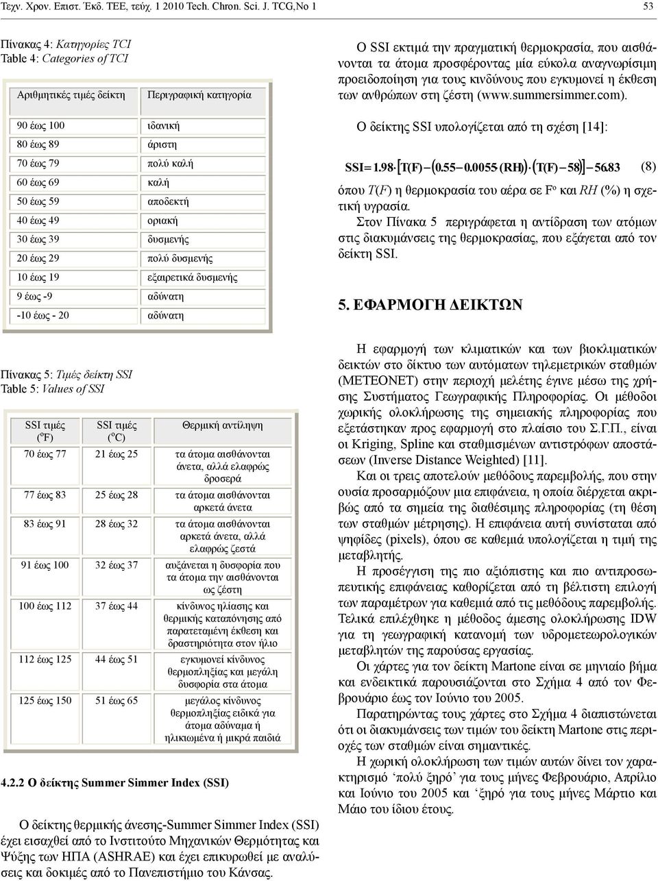 κινδύνους που εγκυμονεί η έκθεση των ανθρώπων στη ζέστη (www.summersimmer.com). 90 100 80 89 70 79 60 69 50 59 40 49 30 39 20 29 10 19 9-9 -10-20 Ο δείκτης SSI υπολογίζεται από τη σχέση [14]: T(F) 0.