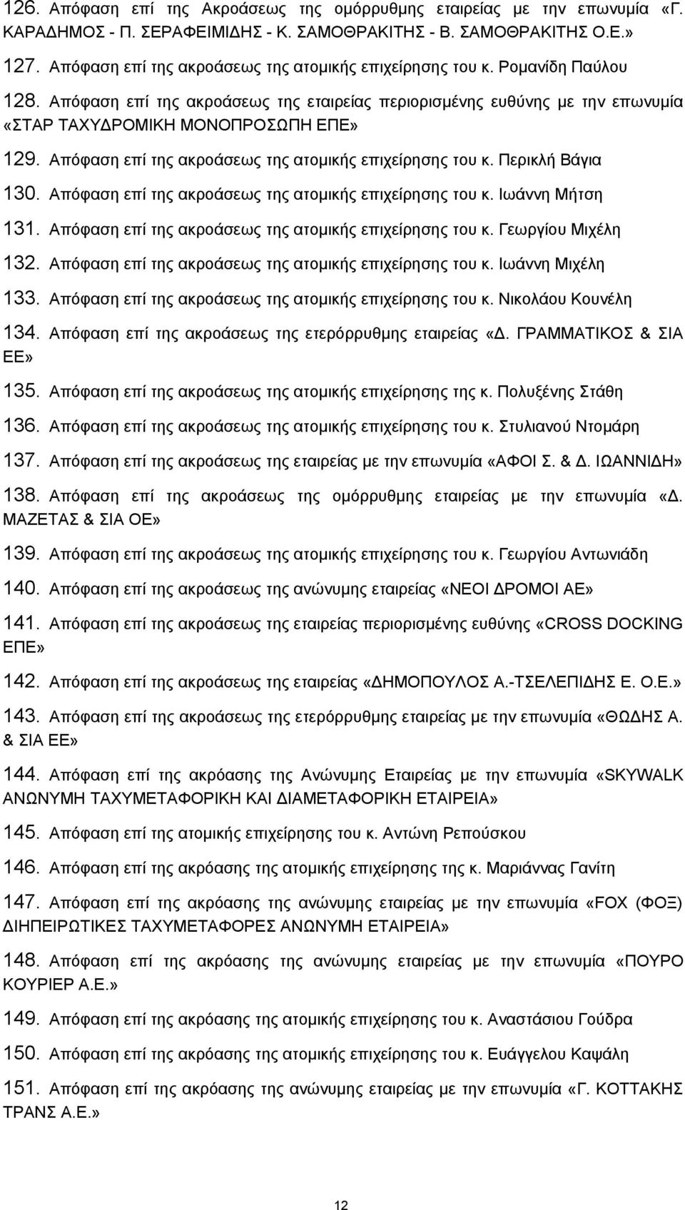 Απόφαση επί της ακροάσεως της ατομικής επιχείρησης του κ. Περικλή Βάγια 130. Απόφαση επί της ακροάσεως της ατομικής επιχείρησης του κ. Ιωάννη Μήτση 131.