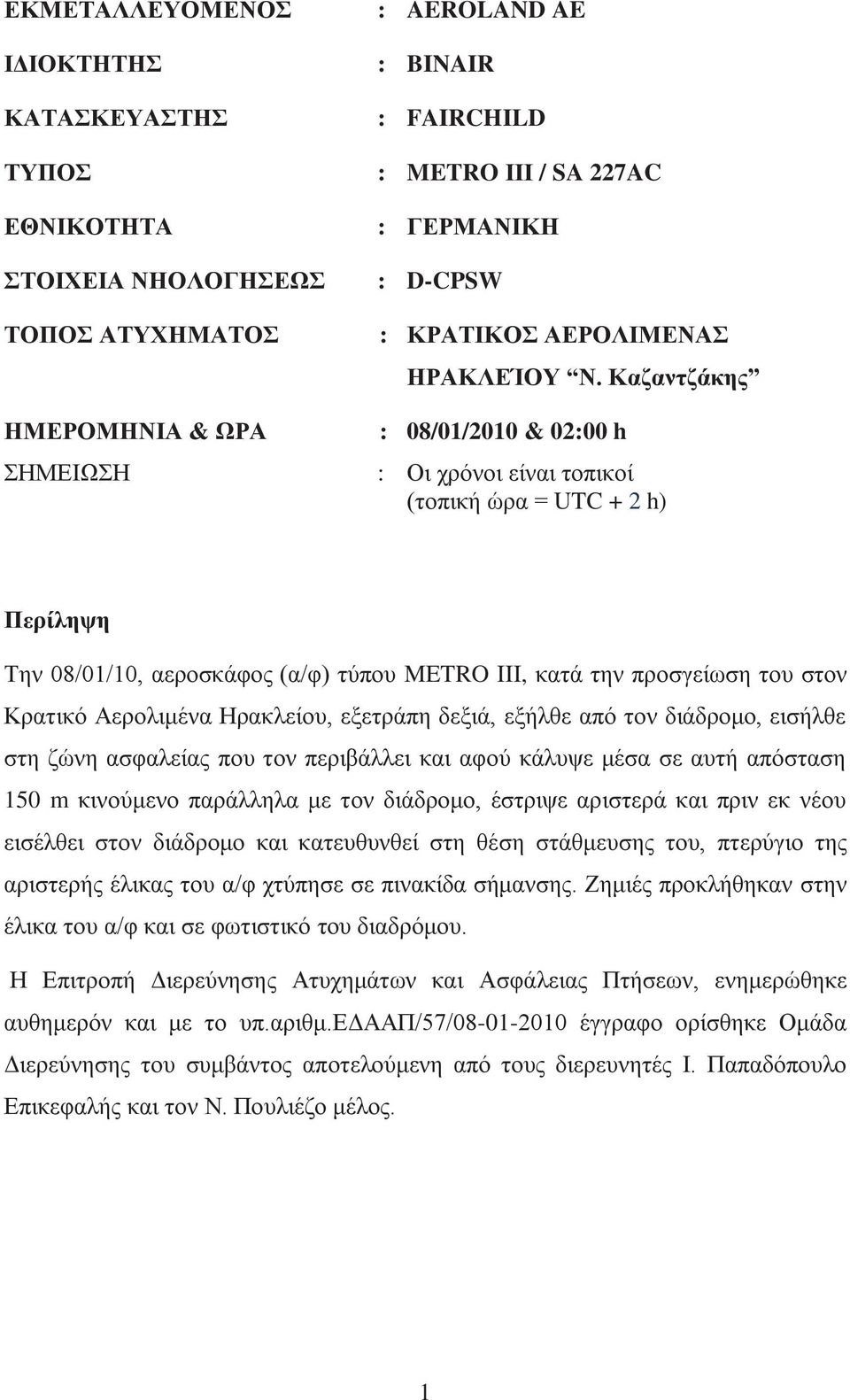 Καζαντζάκης : 08/01/2010 & 02:00 h : Οι χρόνοι είναι τοπικοί (τοπική ώρα = UTC + 2 h) Περίληψη Την 08/01/10, αεροσκάφος (α/φ) τύπου METRO III, κατά την προσγείωση του στον Κρατικό Αερολιμένα