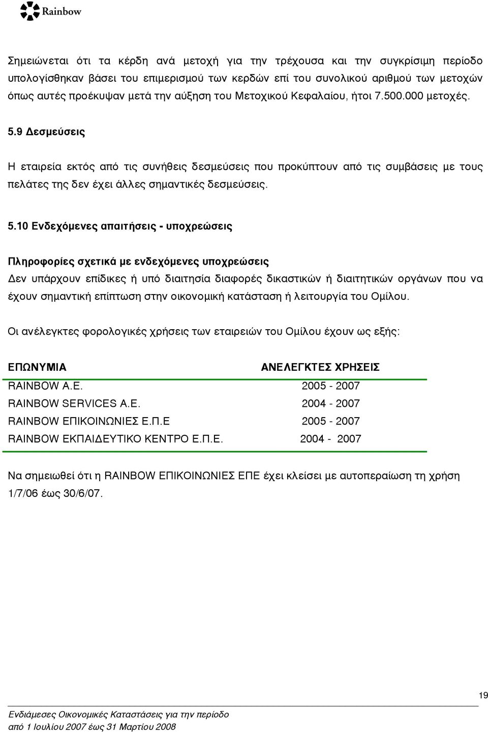 9 Δεσµεύσεις Η εταιρεία εκτός από τις συνήθεις δεσµεύσεις που προκύπτουν από τις συµβάσεις µε τους πελάτες της δεν έχει άλλες σηµαντικές δεσµεύσεις. 5.