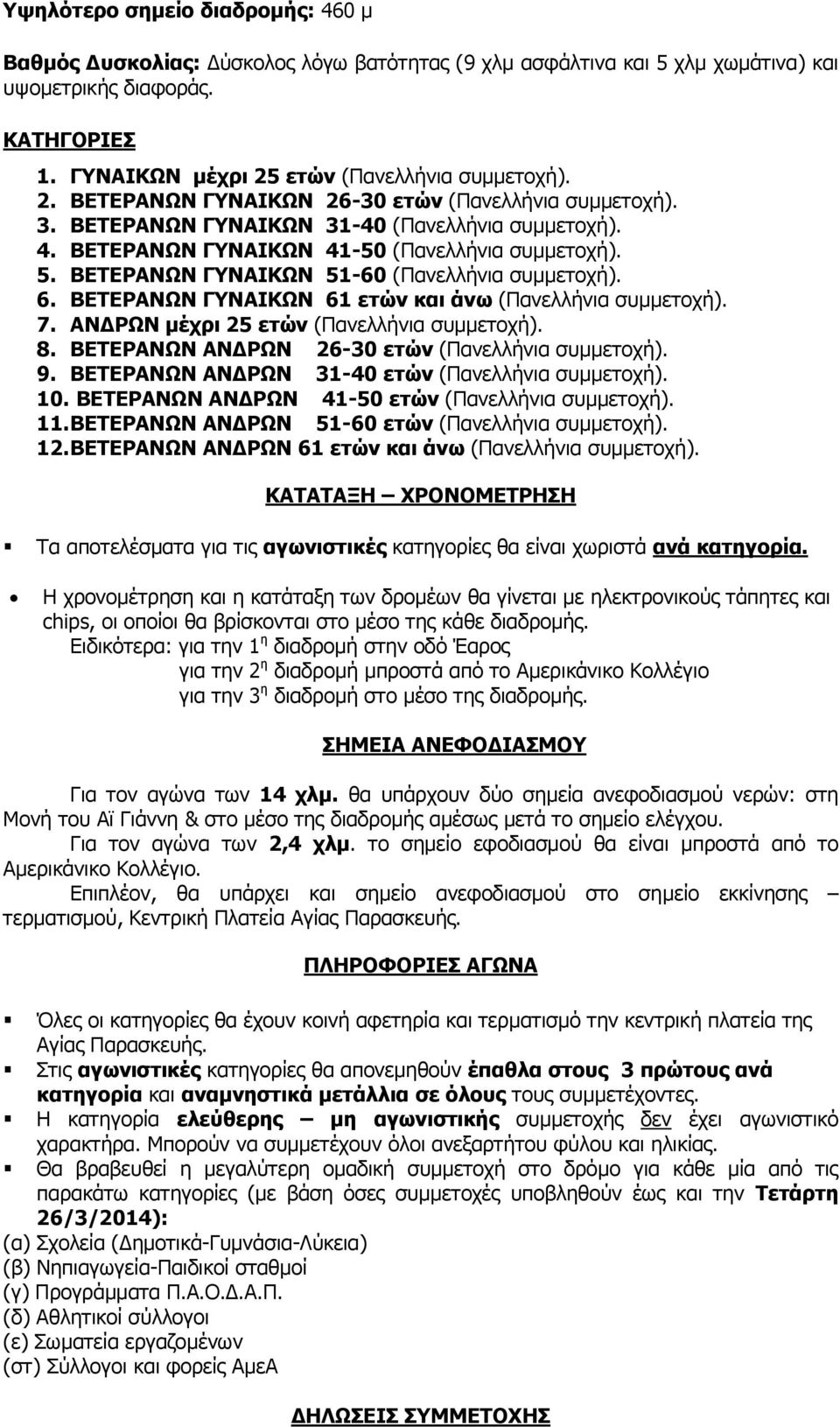 ΒΕΤΕΡΑΝΩΝ ΓΥΝΑΙΚΩΝ 51-60 (Πανελλήνια συμμετοχή). 6. ΒΕΤΕΡΑΝΩΝ ΓΥΝΑΙΚΩΝ 61 ετών και άνω (Πανελλήνια συμμετοχή). 7. ΑΝΔΡΩΝ μέχρι 25 ετών (Πανελλήνια συμμετοχή). 8.