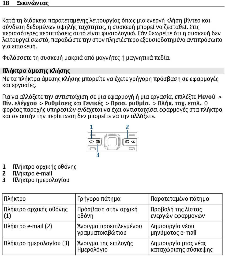 Φυλάσσετε τη συσκευή μακριά από μαγνήτες ή μαγνητικά πεδία. Πλήκτρα άμεσης κλήσης Με τα πλήκτρα άμεσης κλήσης μπορείτε να έχετε γρήγορη πρόσβαση σε εφαρμογές και εργασίες.