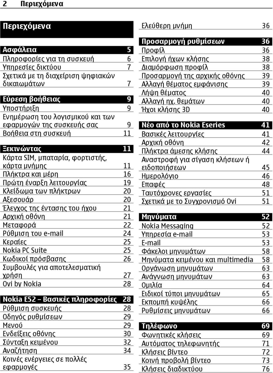Έλεγχος της έντασης του ήχου 21 Αρχική οθόνη 21 Μεταφορά 22 Ρύθμιση του e-mail 24 Κεραίες 25 Nokia PC Suite 25 Κωδικοί πρόσβασης 26 Συμβουλές για αποτελεσματική χρήση 27 Ovi by Nokia 28 Nokia E52