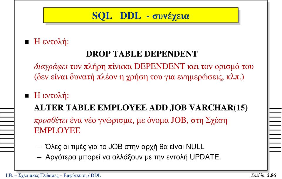 ) Ηεντολή: ALTER TABLE EMPLOYEE ADD JOB VARCHAR(15) προσθέτει ένα νέο γνώρισµα, µε όνοµα JOB, στη