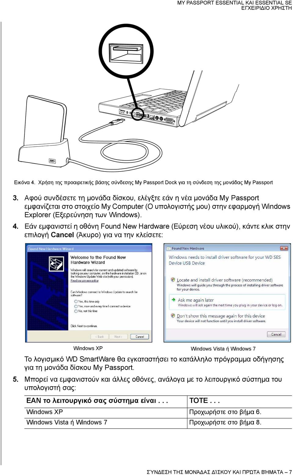 Εάν εμφανιστεί η οθόνη Found New Hardware (Εύρεση νέου υλικού), κάντε κλικ στην επιλογή Cancel (Άκυρο) για να την κλείσετε: Windows XP Το λογισμικό WD SmartWare θα εγκαταστήσει το κατάλληλο πρόγραμμα