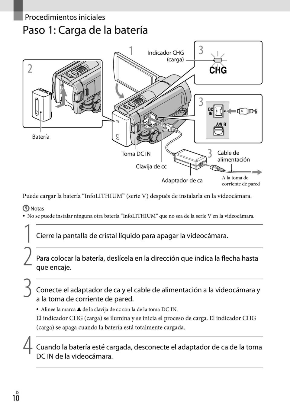 1 Cierre la pantalla de cristal líquido para apagar la videocámara. 2 Para colocar la batería, deslícela en la dirección que indica la flecha hasta que encaje.