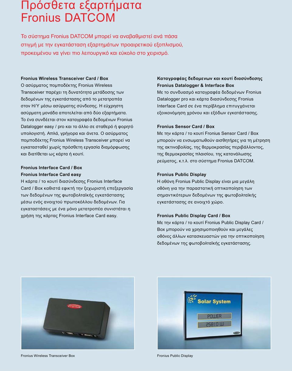 Fronius Wireless Transceiver Card / Box Ο ασύρματος πομποδέκτης Fronius Wireless Transceiver παρέχει τη δυνατότητα μετάδοσης των δεδομένων της εγκατάστασης από το μετατροπέα στον Η/Υ μέσω ασύρματης