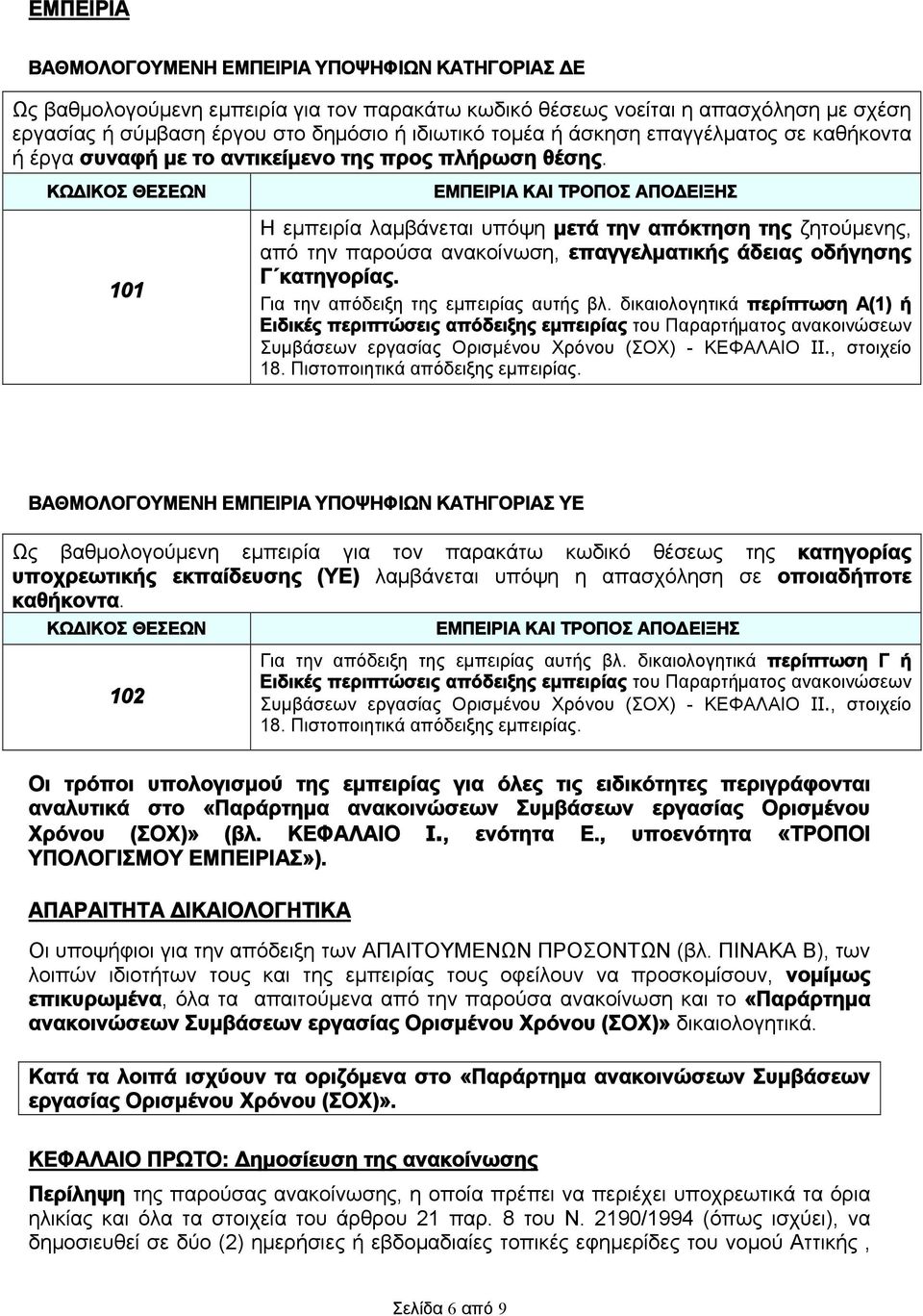 ΚΩΔΙΚΟΣ ΘΕΣΕΩΝ 101 ΕΜΠΕΙΡΙΑ ΚΑΙ ΤΡΟΠΟΣ ΑΠΟΔΕΙΞΗΣ Η εμπειρία λαμβάνεται υπόψη μετά την απόκτηση της ζητούμενης, από την παρούσα ανακοίνωση, επαγγελματικής άδειας οδήγησης Γ κατηγορίας.