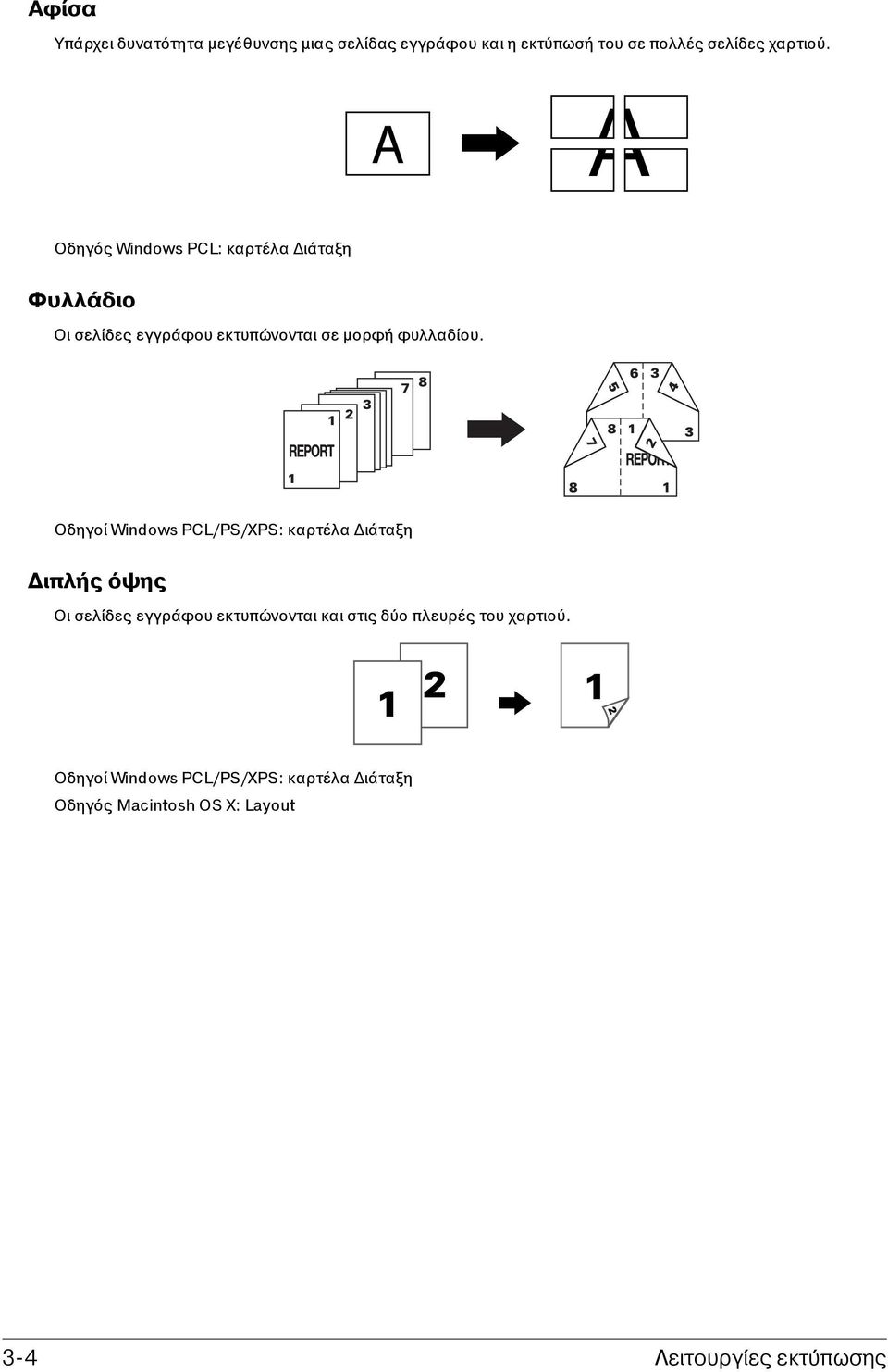 Οδηγοί Windows PCL/PS/XPS: καρτέλα Διάταξη Διπλής όψης Οι σελίδες εγγράφου εκτυπώνονται και στις δύο