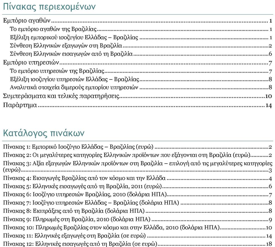 ..8 Αναλυτικά στοιχεία διμερούς εμπορίου υπηρεσιών...8 Συμπεράσματα και τελικές παρατηρήσεις...10 Παράρτημα...14 Κατάλογος πινάκων Πίνακας 1: Εμπορικό Ισοζύγιο Ελλάδας Βραζιλίας (ευρώ).