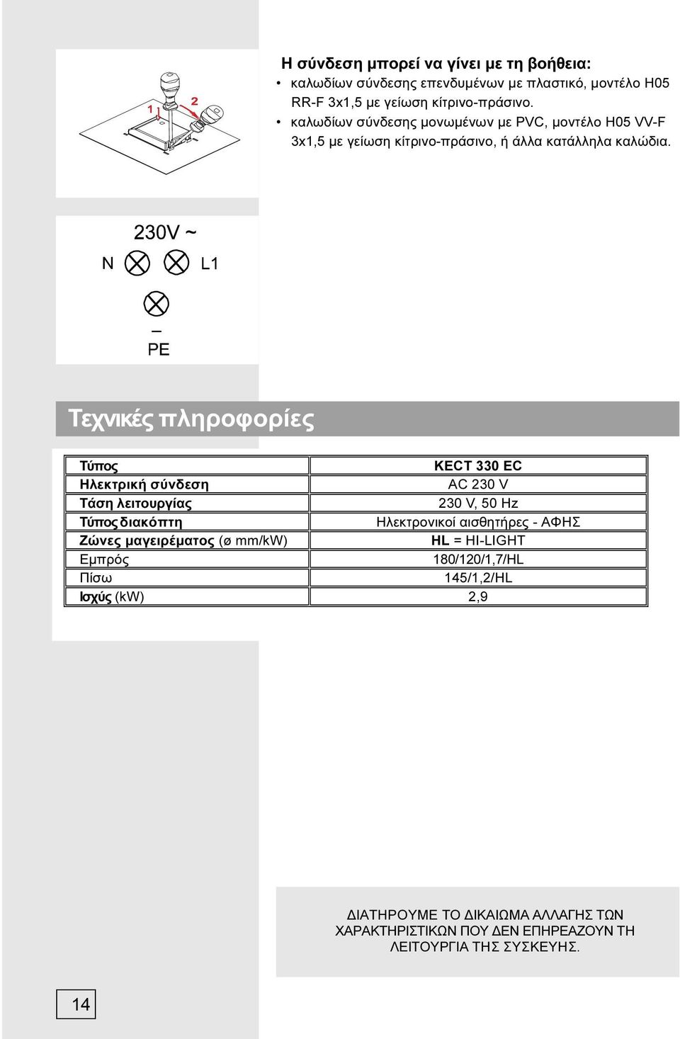 Τεχνικές πληροφορίες Τύπος KECT 330 EC Ηλεκτρική σύνδεση AC 230 V Τάση λειτουργίας 230 V, 50 Hz Τύπος διακόπτη Ηλεκτρονικοί αισθητήρες - ΑΦΗΣ