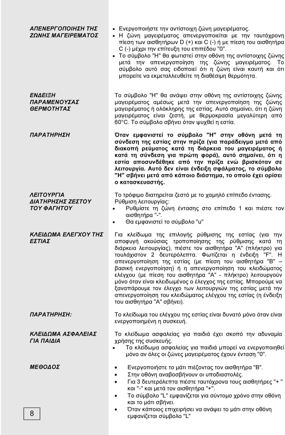 Το σύμβολο "H" θα φωτιστεί στην οθόνη της αντίστοιχης ζώνης μετά την απενεργοποίηση της ζώνης μαγειρέματος.