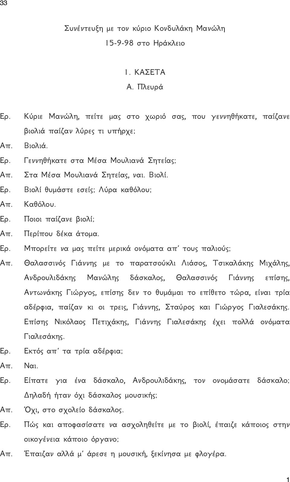 Μπορείτε να μας πείτε μερικά ονόματα απ τους παλιούς; Θαλασσινός Γιάννης με το παρατσούκλι Λιάσος, Τσικαλάκης Μιχάλης, Ανδρουλιδάκης Μανώλης δάσκαλος, Θαλασσινός Γιάννης επίσης, Αντωνάκης Γιώργος,