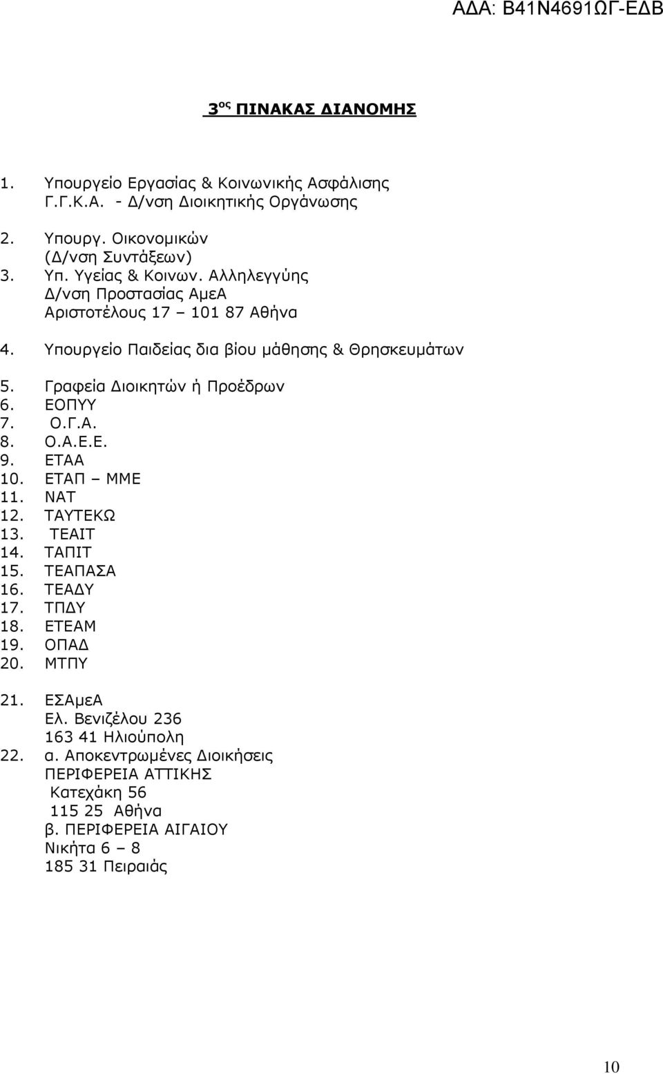 17. 18. 19. 20. Γραφεία Διοικητών ή Προέδρων ΕΟΠΥΥ Ο.Γ.Α. Ο.Α.Ε.Ε. ΕΤΑΑ ΕΤΑΠ ΜΜΕ ΝΑΤ ΤΑΥΤΕΚΩ ΤΕΑΙΤ ΤΑΠΙΤ ΤΕΑΠΑΣΑ ΤΕΑΔΥ ΤΠΔΥ ΕΤΕΑΜ ΟΠΑΔ ΜΤΠΥ 21. ΕΣΑμεΑ Ελ.