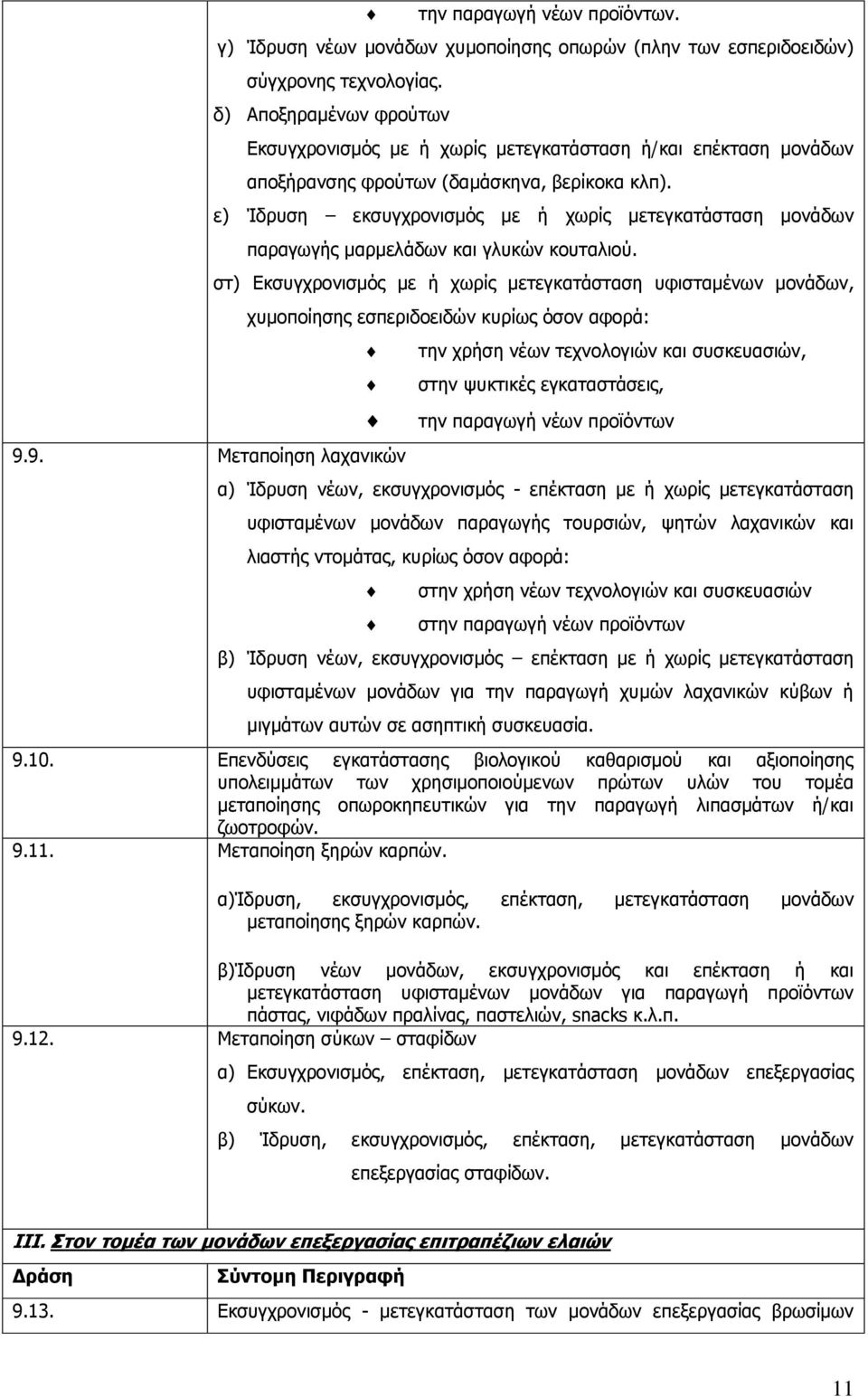 ε) Ίδρυση εκσυγχρονισμός με ή χωρίς μετεγκατάσταση μονάδων παραγωγής μαρμελάδων και γλυκών κουταλιού.