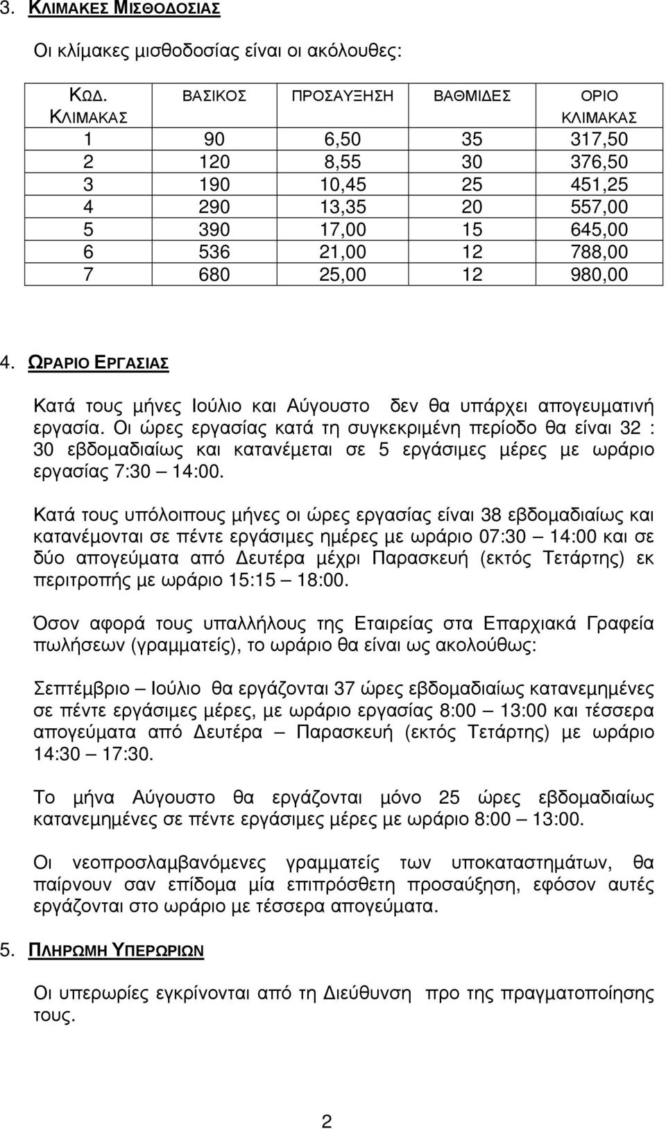 980,00 4. ΩΡΑΡΙΟ ΕΡΓΑΣΙΑΣ Κατά τους µήνες Ιούλιο και Αύγουστο δεν θα υπάρχει απογευµατινή εργασία.