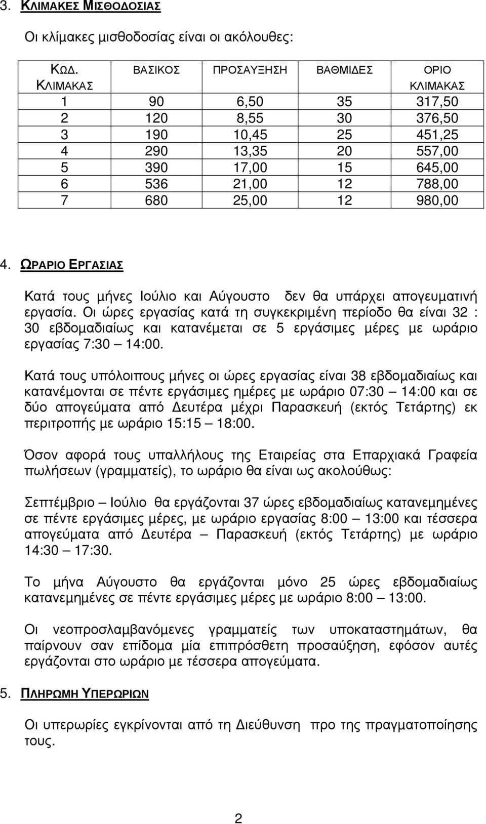 980,00 4. ΩΡΑΡΙΟ ΕΡΓΑΣΙΑΣ Κατά τους µήνες Ιούλιο και Αύγουστο δεν θα υπάρχει απογευµατινή εργασία.