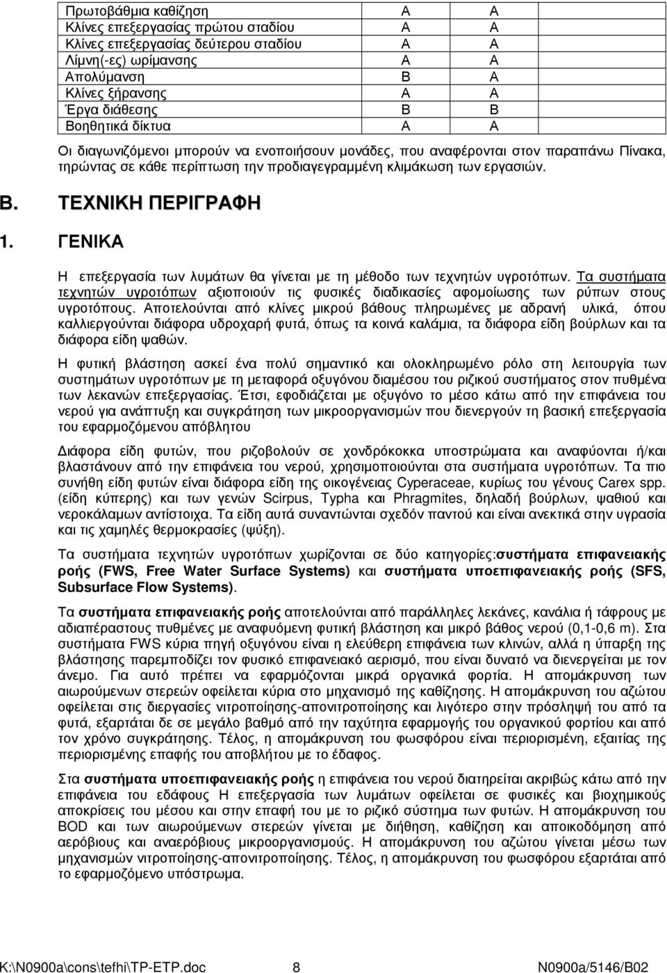 ΓΕΝΙΚΑ Η επεξεργασία των λυµάτων θα γίνεται µε τη µέθοδο των τεχνητών υγροτόπων. Τα συστήµατα τεχνητών υγροτόπων αξιοποιούν τις φυσικές διαδικασίες αφοµοίωσης των ρύπων στους υγροτόπους.