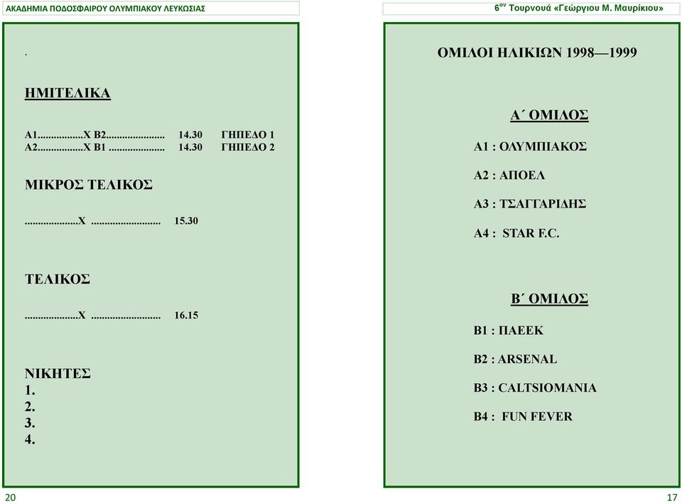 30 Α ΟΜΙΛΟ Α1 : ΟΛΤΜΠΙΑΚΟ Α2 : ΑΠΟΔΛ Α3 : ΣΑΓΓΑΡΙΓΗ Α4 : STAR F.C.