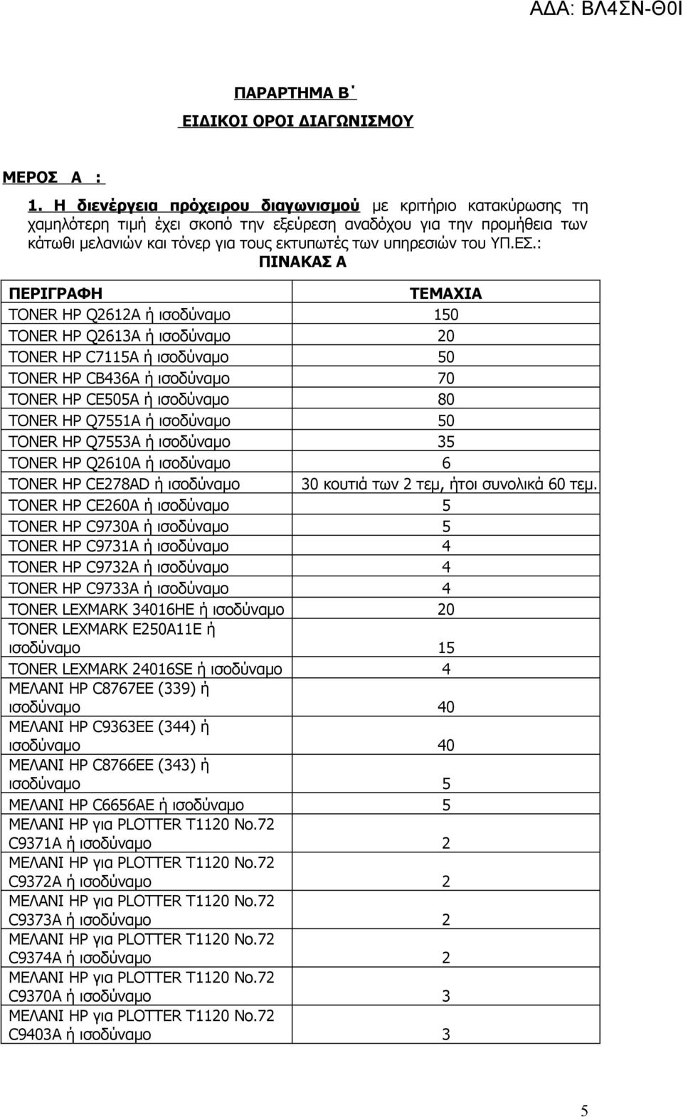 ΕΣ.: ΠΙΝΑΚΑΣ Α ΠΕΡΙΓΡΑΦΗ ΤΕΜΑΧΙΑ TONER HP Q2612A ή ισοδύναμο 150 TONER HP Q2613A ή ισοδύναμο 20 TONER HP C7115Α ή ισοδύναμο 50 TONER HP CB436A ή ισοδύναμο 70 TONER HP CE505A ή ισοδύναμο 80 TONER HP