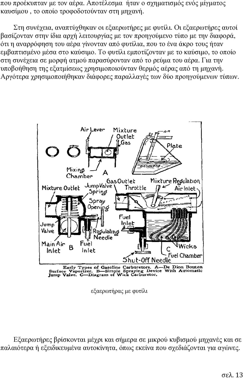 καύσιµο. Το φυτίλι εµποτίζονταν µε το καύσιµο, το οποίο στη συνέχεια σε µορφή ατµού παρασύρονταν από το ρεύµα του αέρα. Για την υποβοήθηση της εξατµίσεως χρησιµοποιούνταν θερµός αέρας από τη µηχανή.