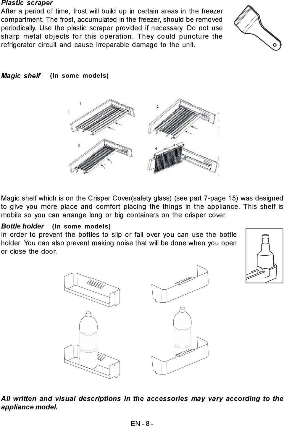 Magic shelf (In some models) Magic shelf which is on the Crisper Cover(safety glass) (see part 7-page 15) was designed to give you more place and comfort placing the things in the appliance.