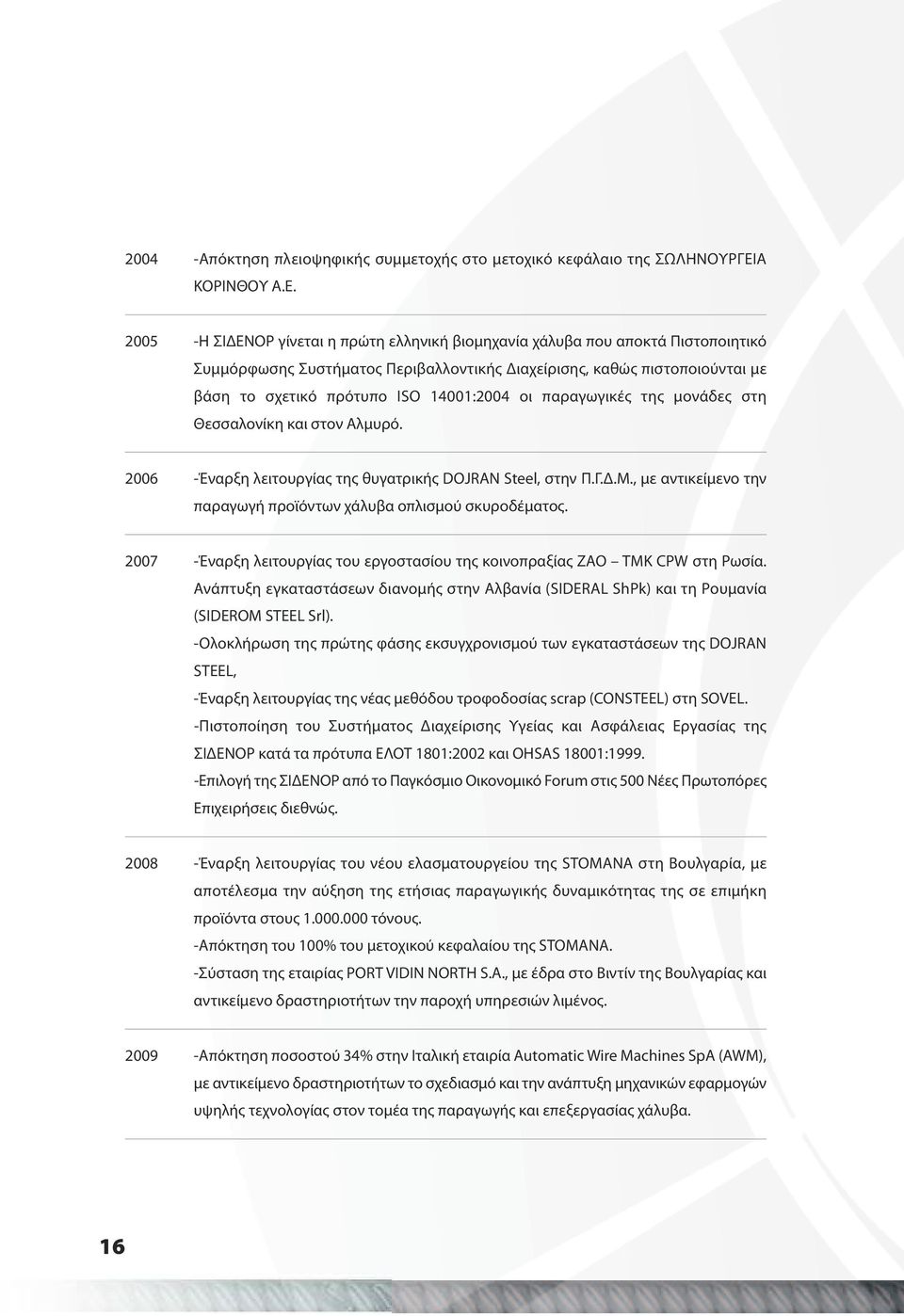 2005 -Η ΣΙΔΕΝΟΡ γίνεται η πρώτη ελληνική βιομηχανία χάλυβα που αποκτά Πιστοποιητικό Συμμόρφωσης Συστήματος Περιβαλλοντικής Διαχείρισης, καθώς πιστοποιούνται με βάση το σχετικό πρότυπο ISO 14001:2004