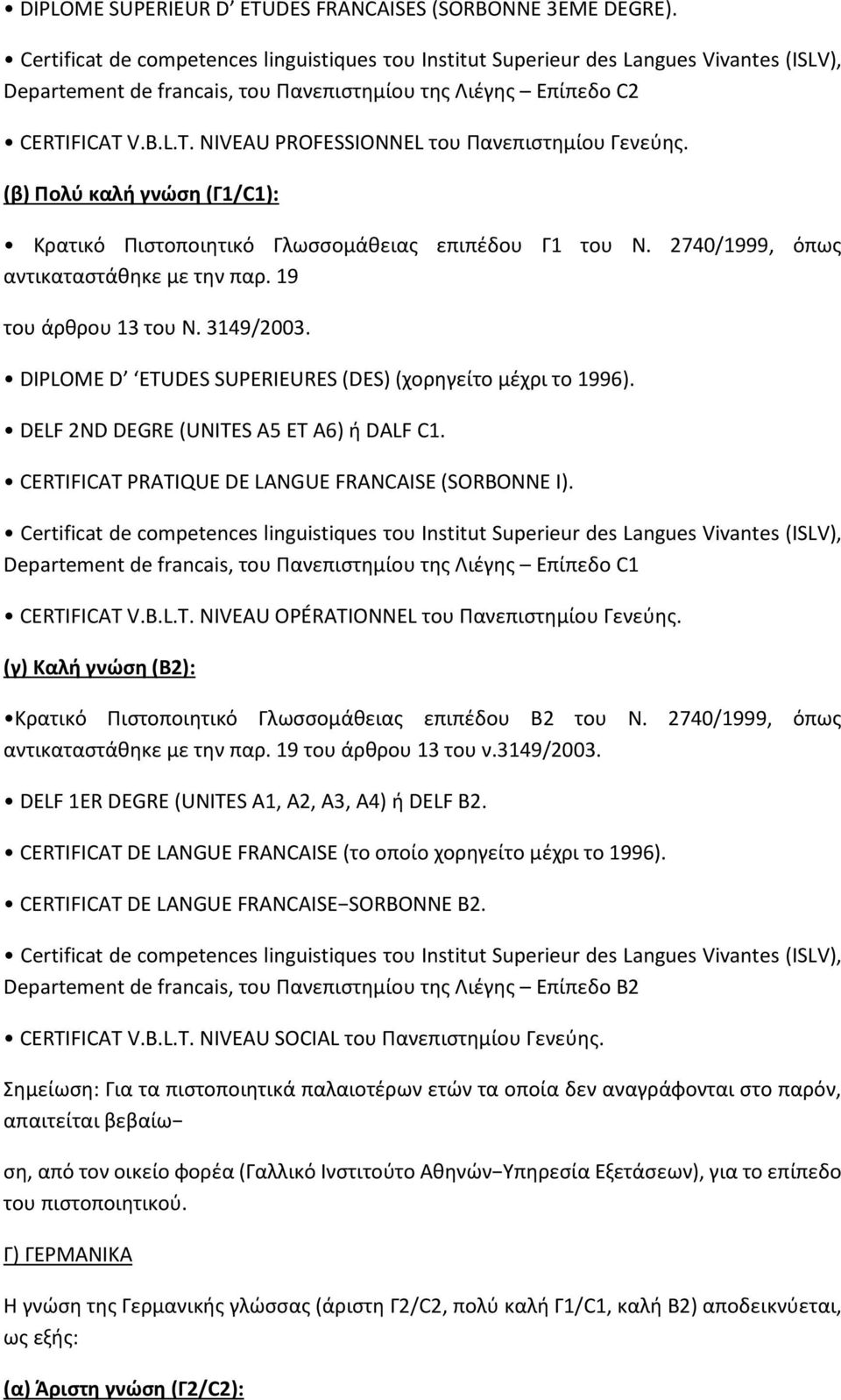FICAT V.B.L.T. NIVEAU PROFESSIONNEL του Πανεπιστημίου Γενεύης. (β) Πολύ καλή γνώση (Γ1/C1): Κρατικό Πιστοποιητικό Γλωσσομάθειας επιπέδου Γ1 του Ν. 2740/1999, όπως αντικαταστάθηκε με την παρ.