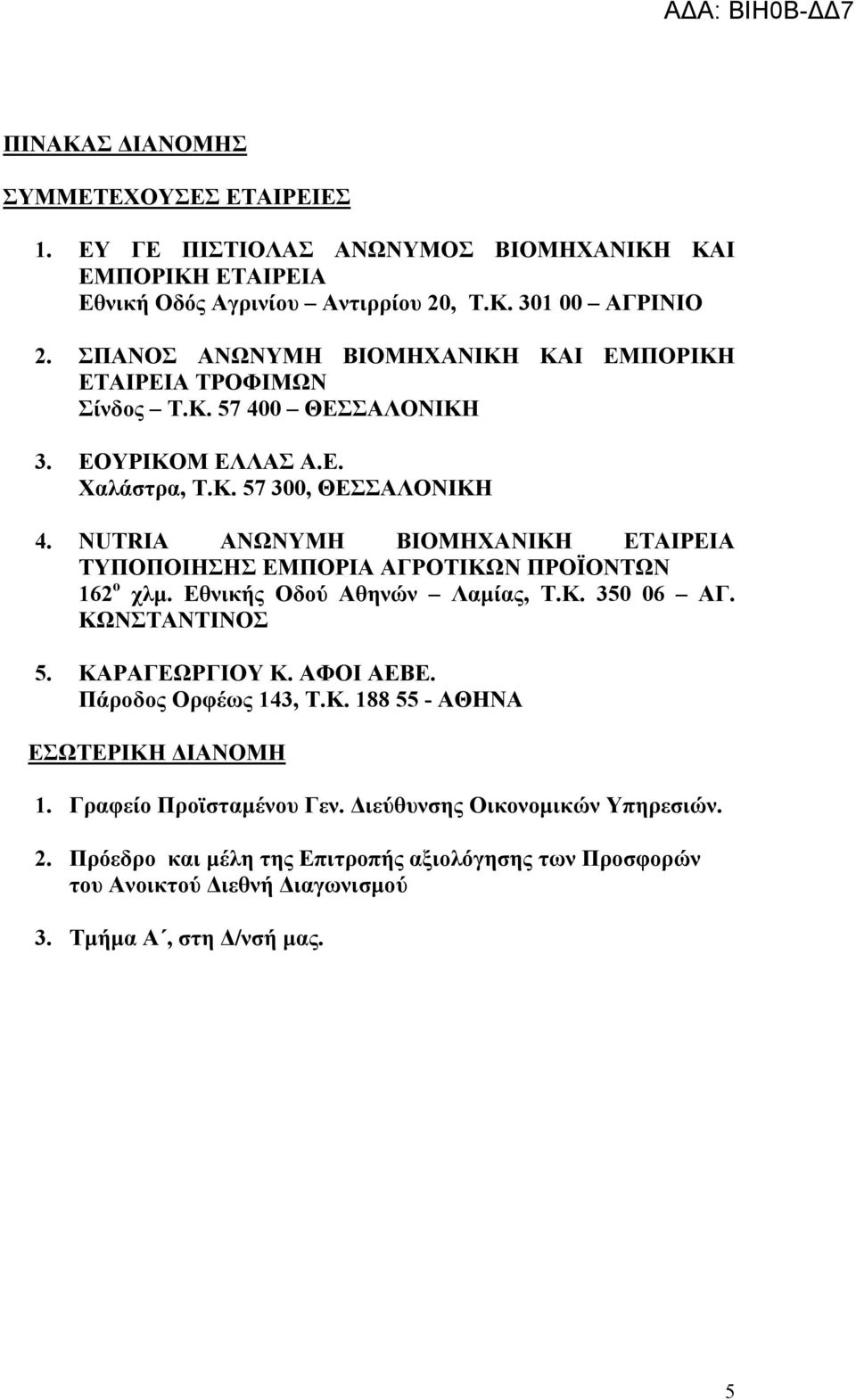 NUTRIA ΑΝΩΝΥΜΗ ΒΙΟΜΗΧΑΝΙΚΗ ΕΤΑΙΡΕΙΑ ΤΥΠΟΠΟΙΗΣΗΣ ΕΜΠΟΡΙΑ ΑΓΡΟΤΙΚΩΝ ΠΡΟΪΟΝΤΩΝ 162 ο χλμ. Εθνικής Οδού Αθηνών Λαμίας, Τ.Κ. 350 06 ΑΓ. ΚΩΝΣΤΑΝΤΙΝΟΣ 5. ΚΑΡΑΓΕΩΡΓΙΟΥ Κ. ΑΦΟΙ ΑΕΒΕ.