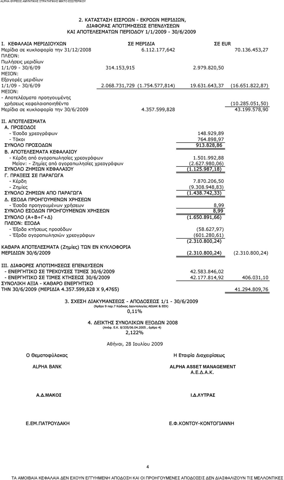 822,87) ΜΕΙΟΝ: - Αποτελέσματα προηγουμένης χρήσεως κεφαλαιοποιηθέντα (10.285.051,50) Μερίδια σε κυκλοφορία την 30/6/2009 4.357.599,828 43.199.578,90 ΙI. ΑΠΟΤΕΛΕΣΜΑΤΑ Α.