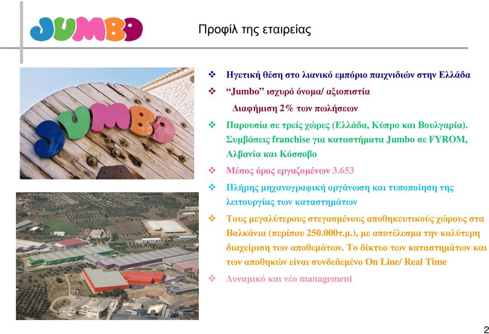 653 Πλήρης µηχανογραφική οργάνωση και τυποποίηση της λειτουργίας των καταστηµάτων Τους µεγαλύτερους στεγασµένους αποθηκευτικούς χώρους στα Βαλκάνια